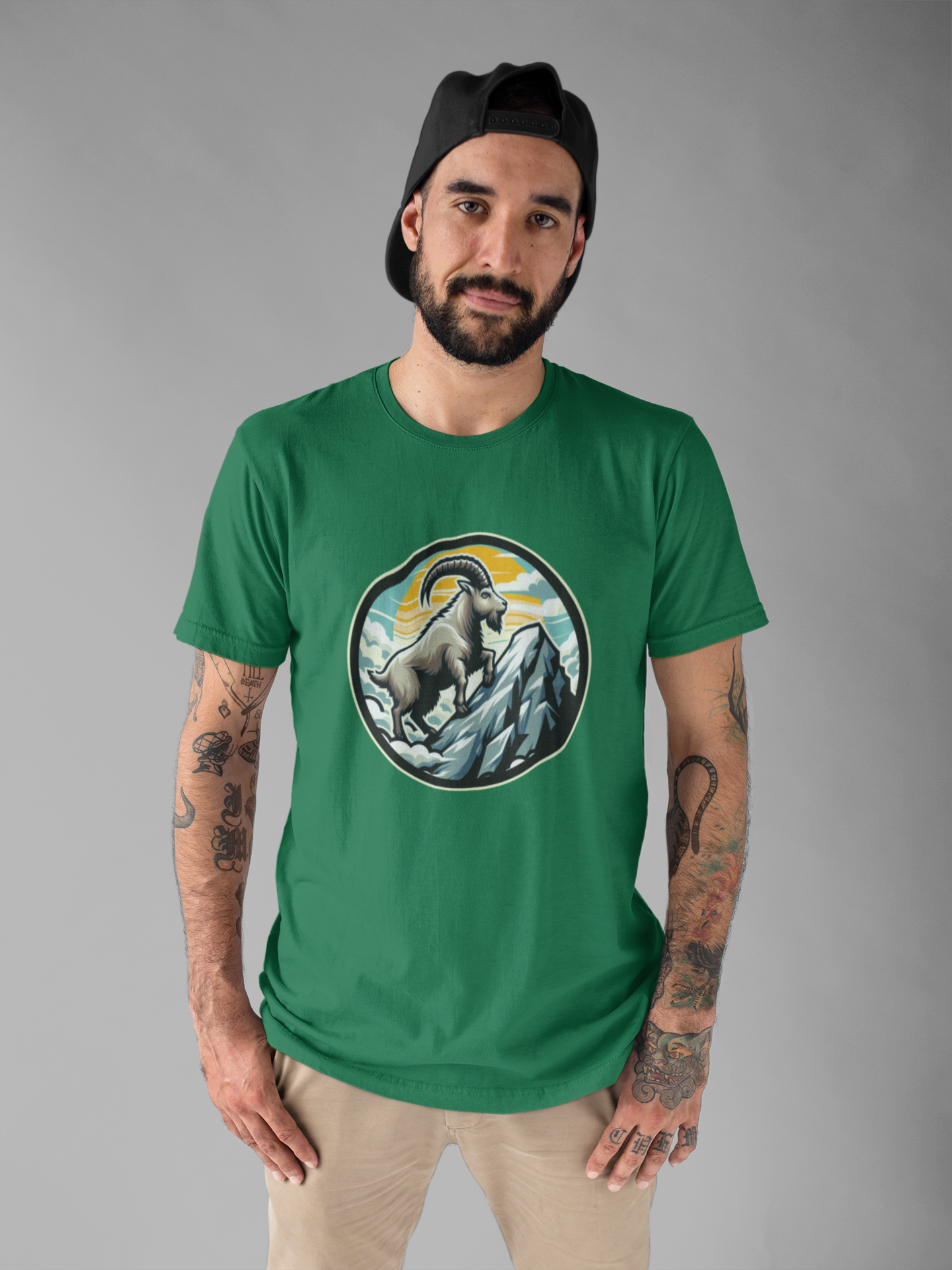 Majestic Mountain Goat on Summit with Sun and Clouds Graphic T-Shirt