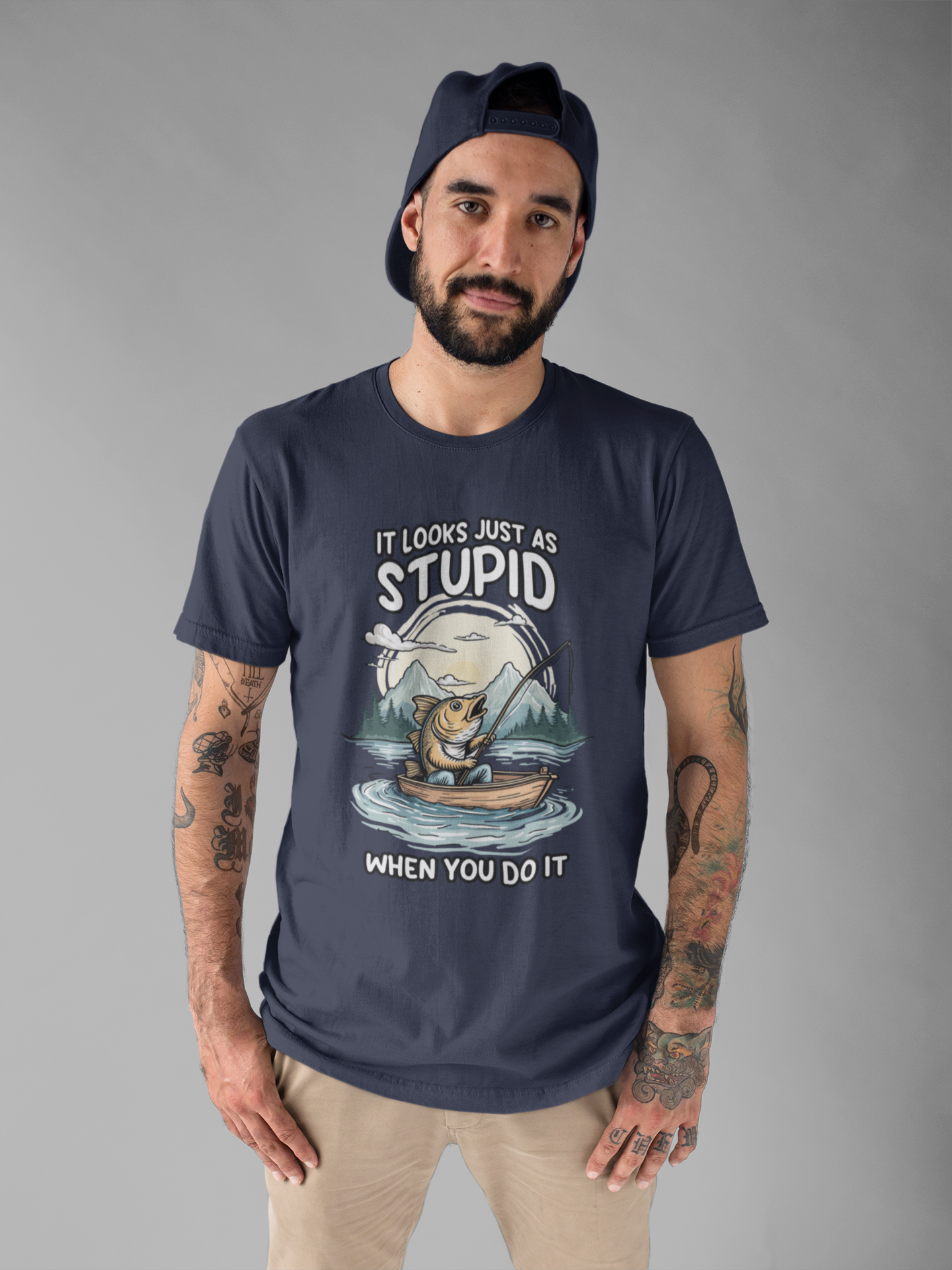 It Looks Just as Stupid When You Do It Tshirt – Big Fish Fishing in Boat with Mountain Landscape