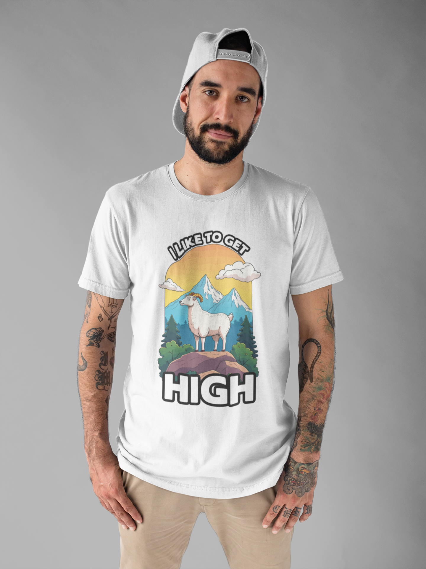 I Like to Get High Tshirt – Mountain Goat Standing on High Rock with Mountain Scenery