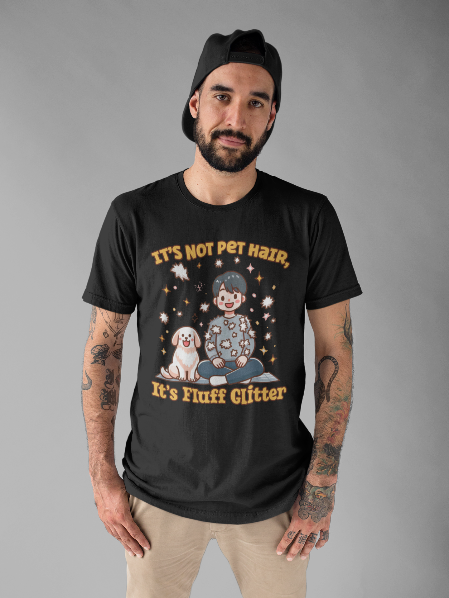 It's Not Pet Hair, It's Fluff Glitter | Smiling Puppy and Boy with Flying Hair & Glitter T-Shirt