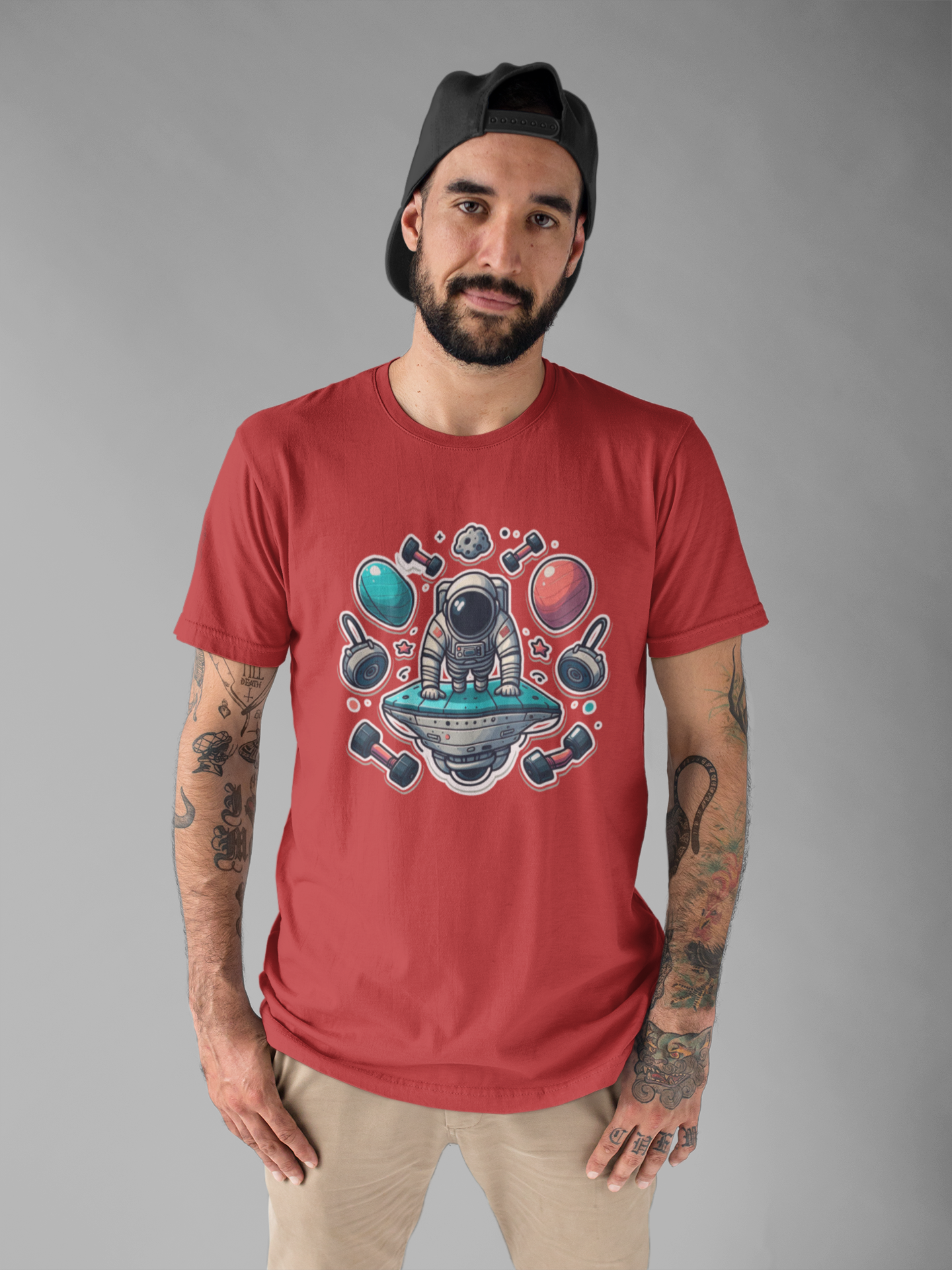 Rocket Science is My Cardio - Astronaut Doing Pushups Tshirt – Space Workout with Gadgets, Planets, and Dumbbells