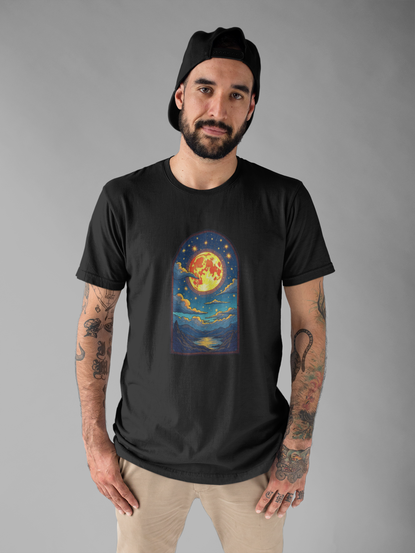 Castle Window View of Glowing Full Moon with Reflection and Stars Graphic T-Shirt