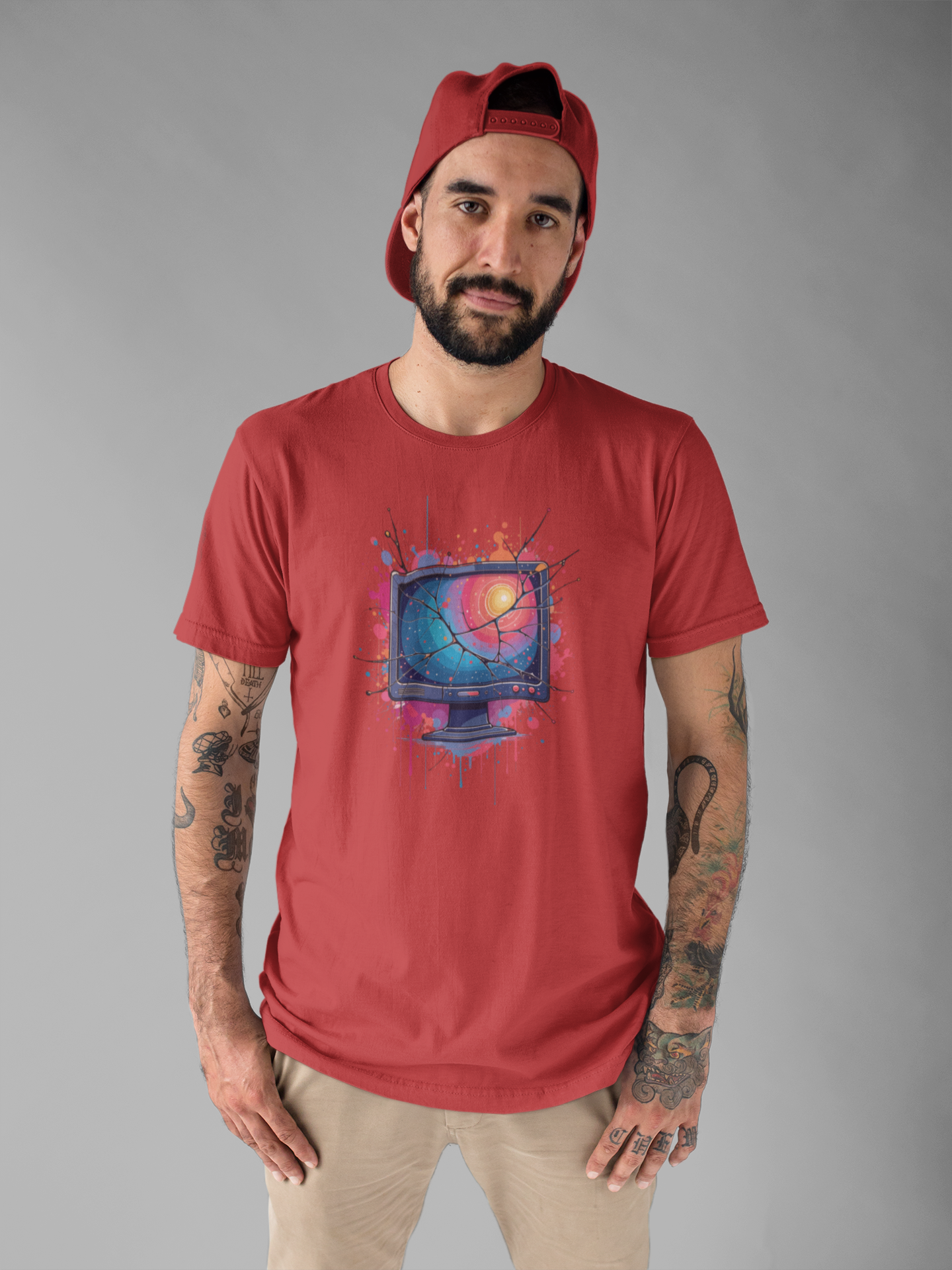 Break the System – Broken Monitor with Cracks, Gradient Screen & Color Splash Graphic T-Shirt