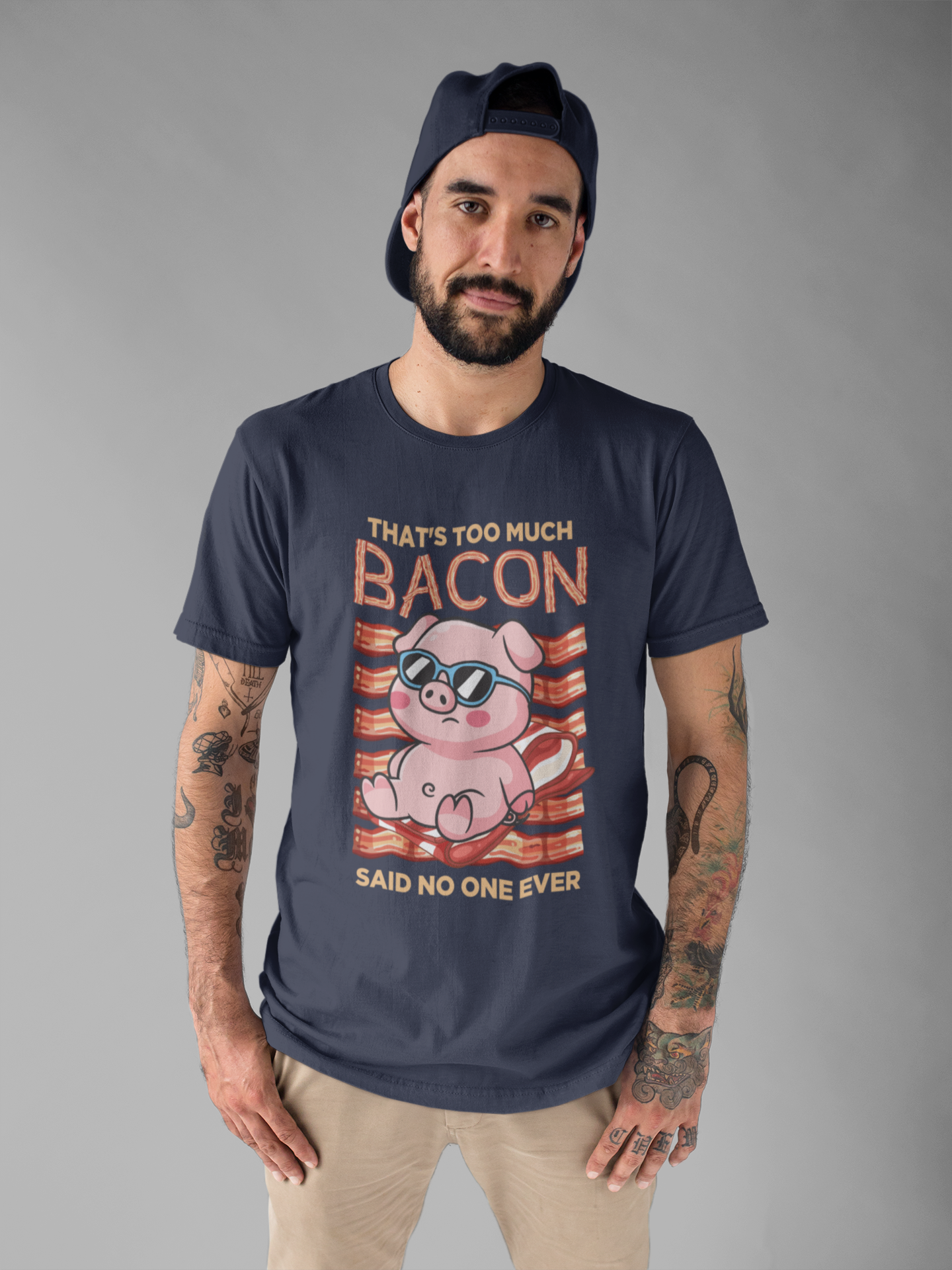 That’s Too Much Bacon Said No One Ever T-Shirt – Cool Pig Lounging with Sunglasses Graphic Tee