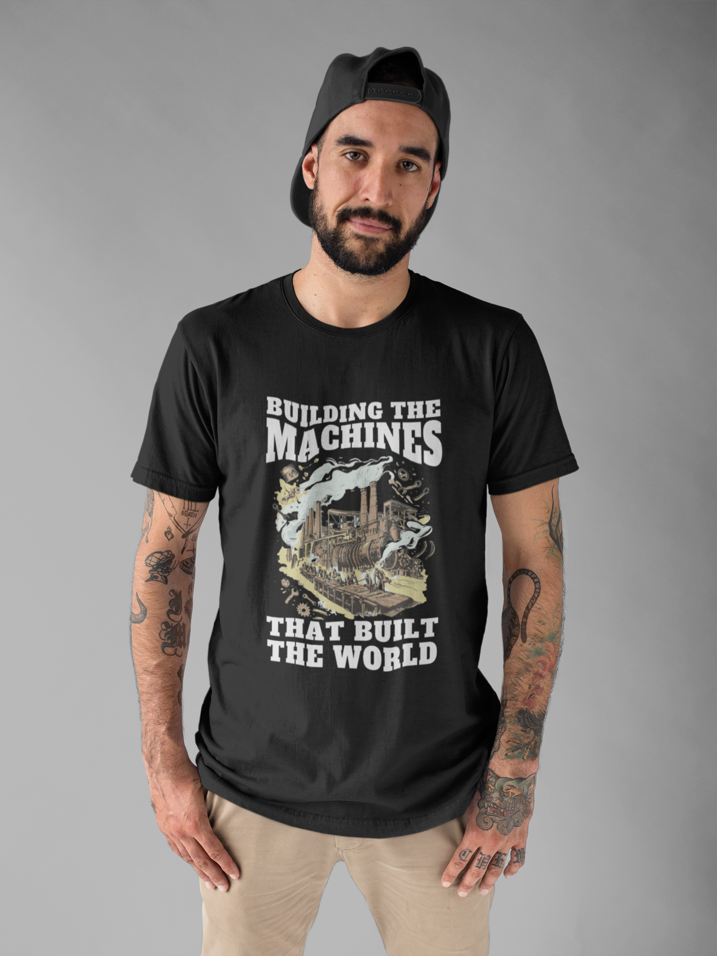 Building the Machines that Built the World Tshirt – Steam Engine, Tools, and Workers Graphic