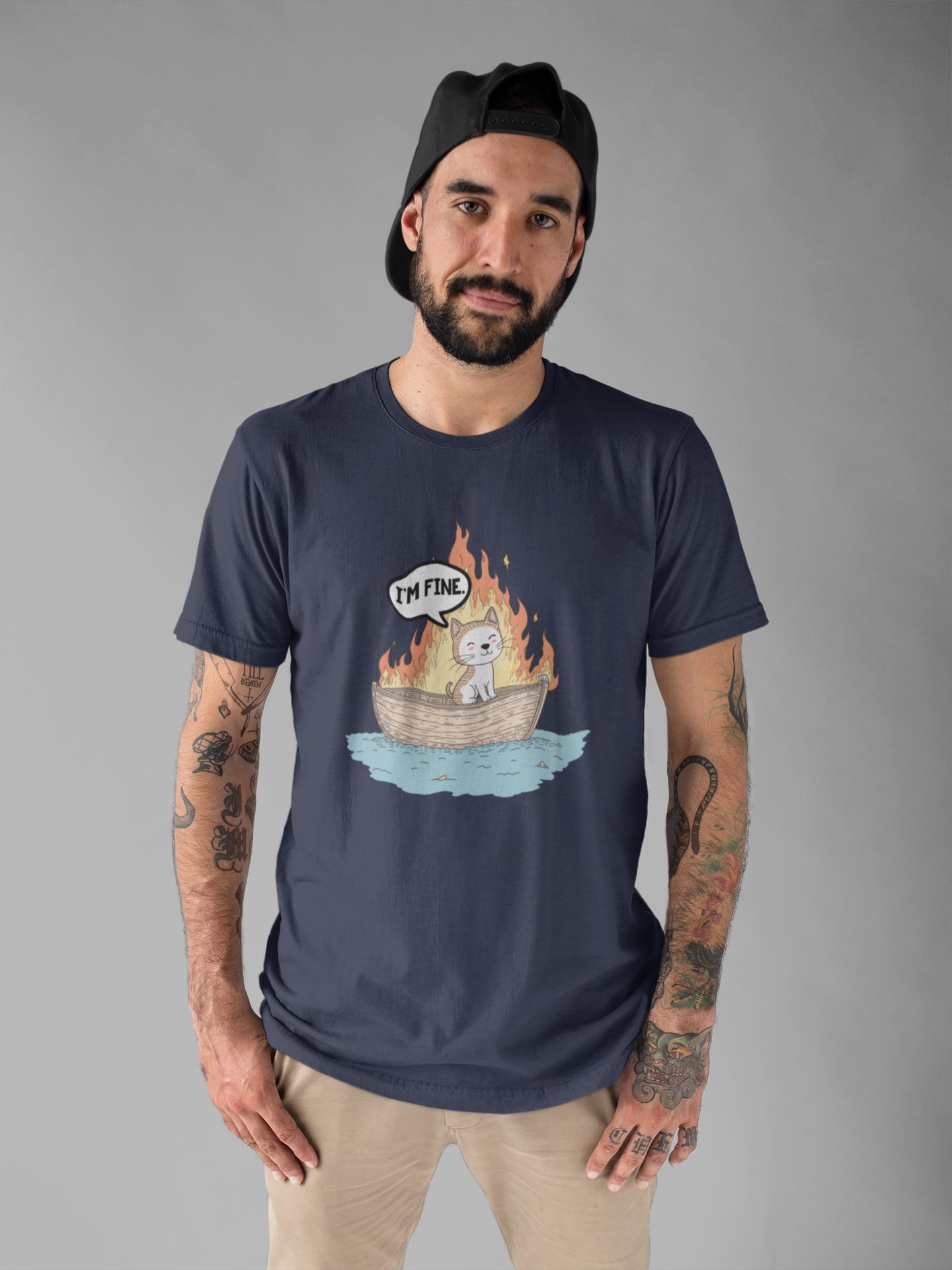 Im Fine Cat In Boat On Fire Tshirt Cat Sitting in Burning Boat Humor