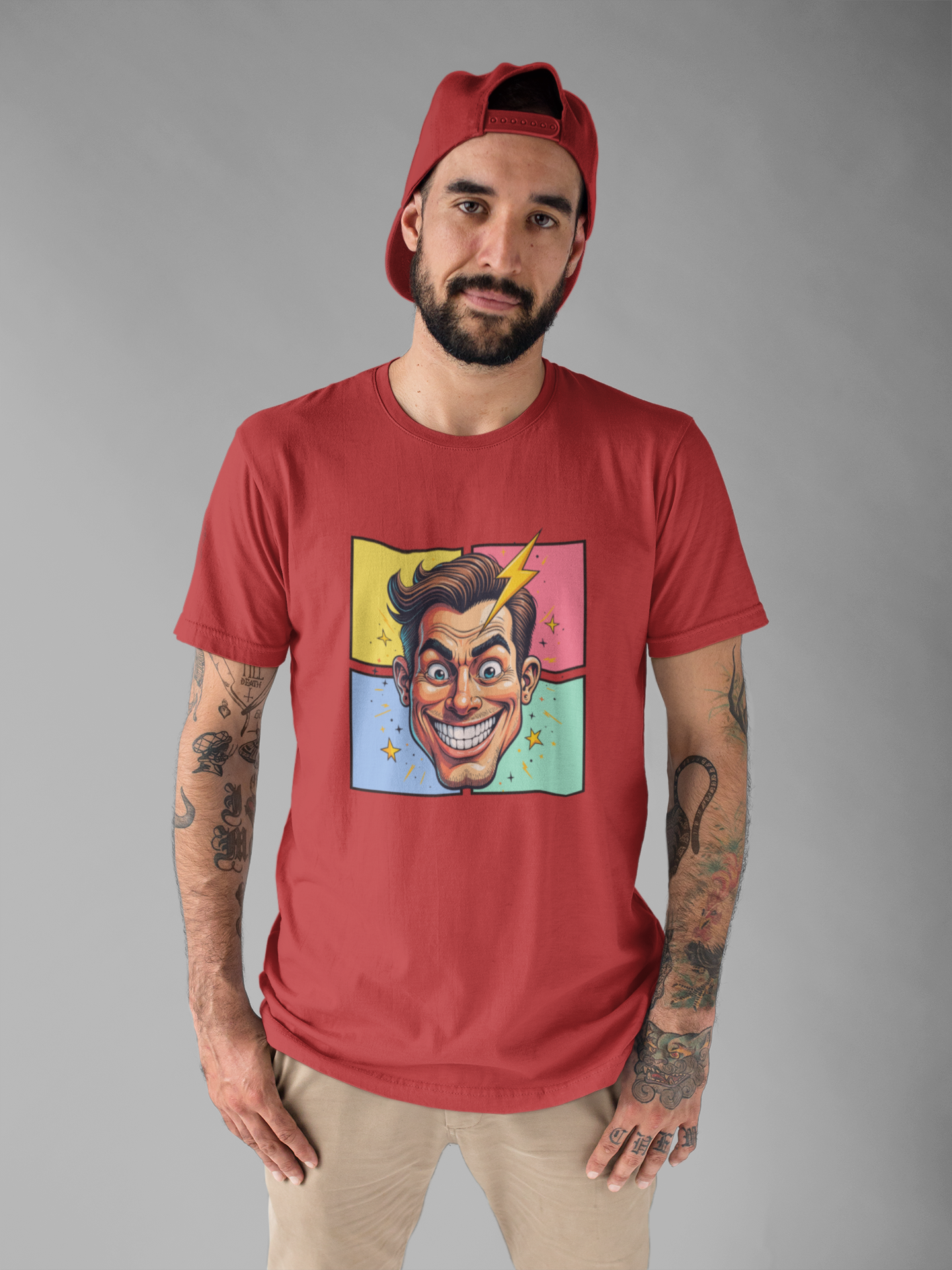 Funny Man’s Face with Lightning Forehead and Colorful Quadrant Stars Emotions Graphic T-Shirt