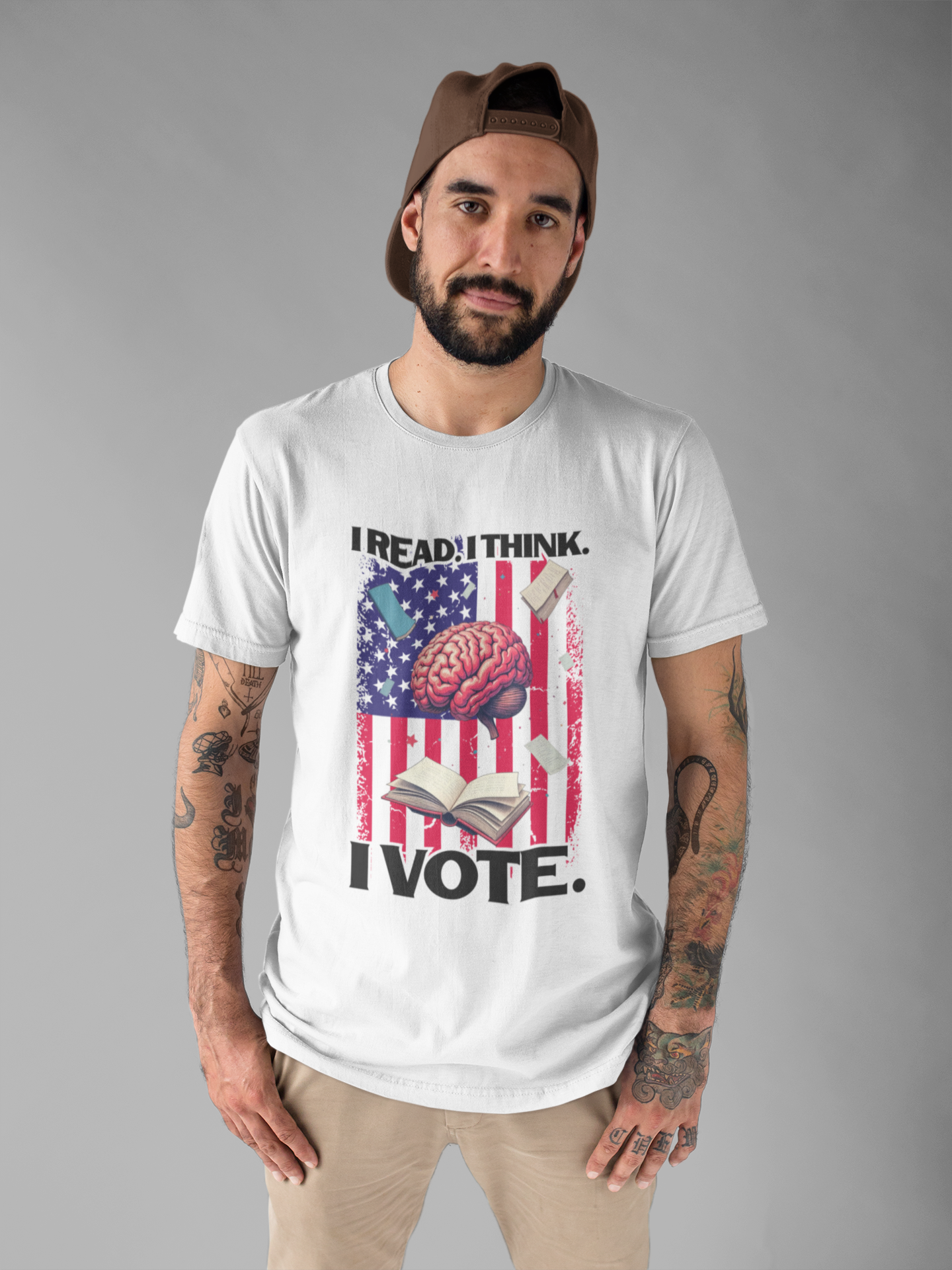 I READ I THINK I VOTE - Flag, Books & Brain Graphic T-Shirt