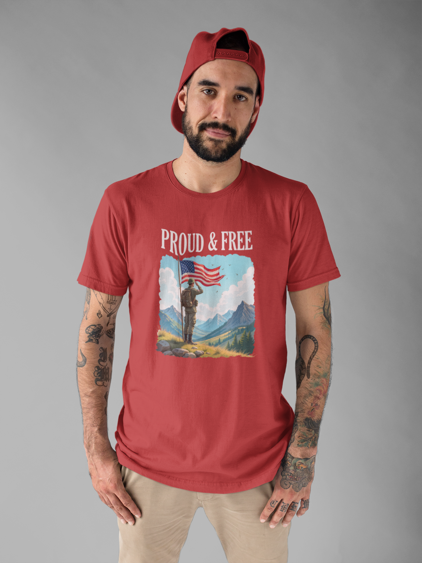Proud and Free | Patriotic US Flag & Soldier Salute T-Shirt