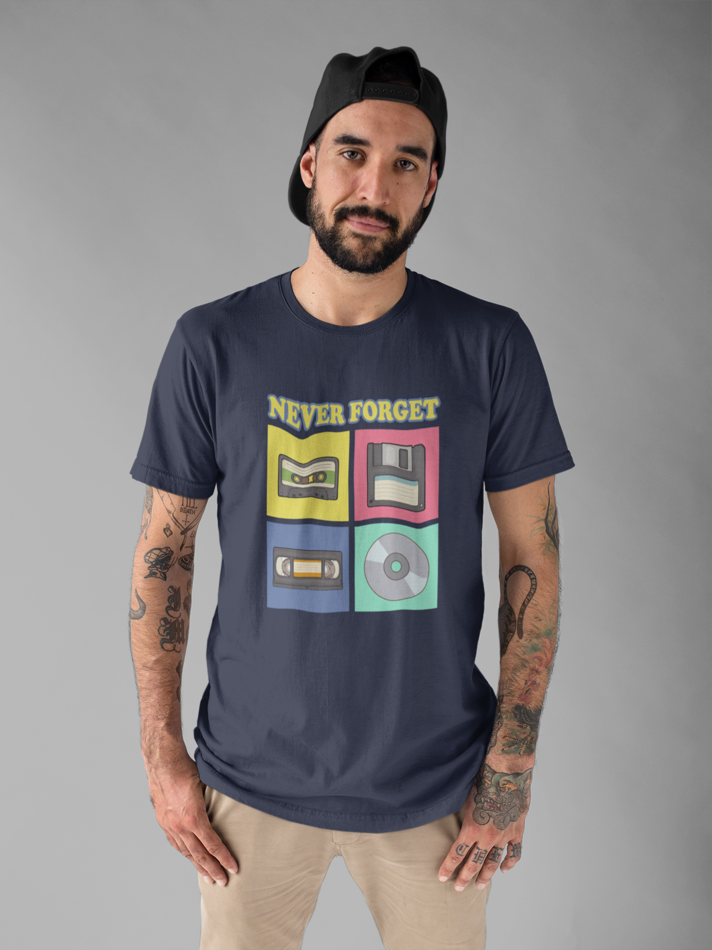 Never Forget Retro Media Tshirt Floppy Disk Cassette Tape Recorder CD Graphic