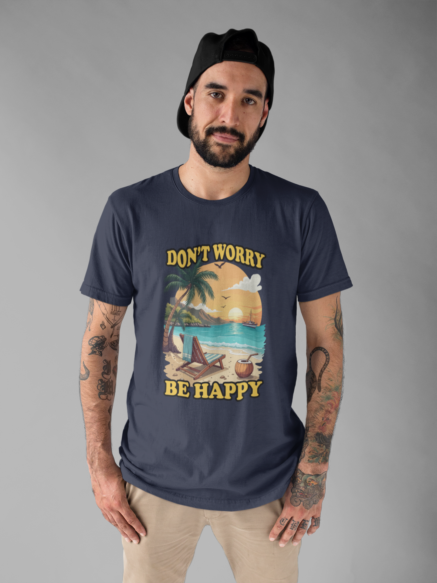 Don’t Worry Be Happy T-Shirt – Retro Beach Sunset Graphic Tee