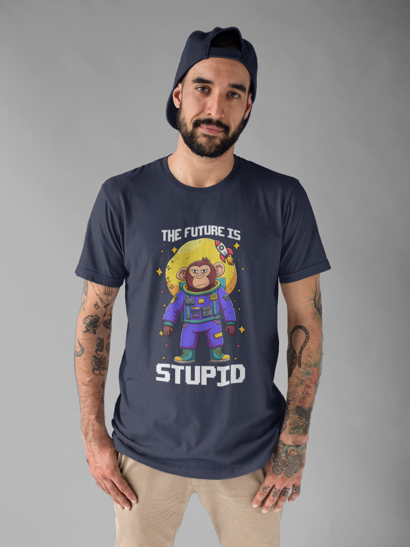 The Future Is Stupid Tshirt – Monkey in Colorful Spacesuit with Stars & Rocket Graphic