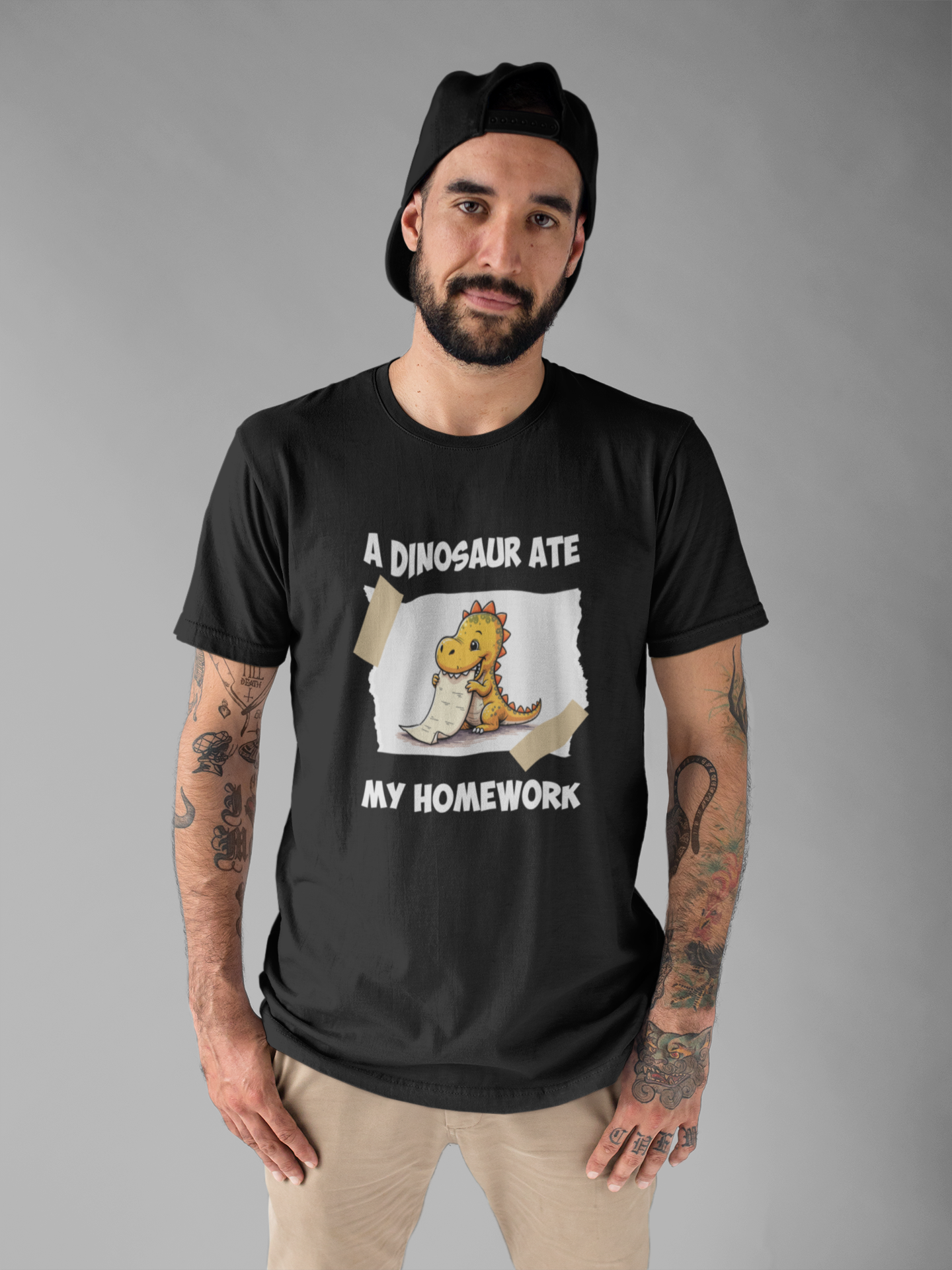 Homework Excuse T-Shirt – Cute Dino Eating Homework Graphic