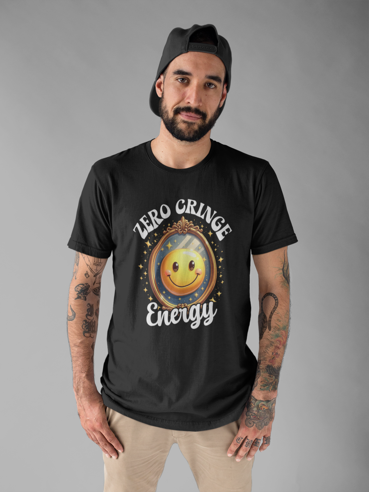 Zero Cringe Energy – Large Mirror with Happy Smiley Graphic T-Shirt