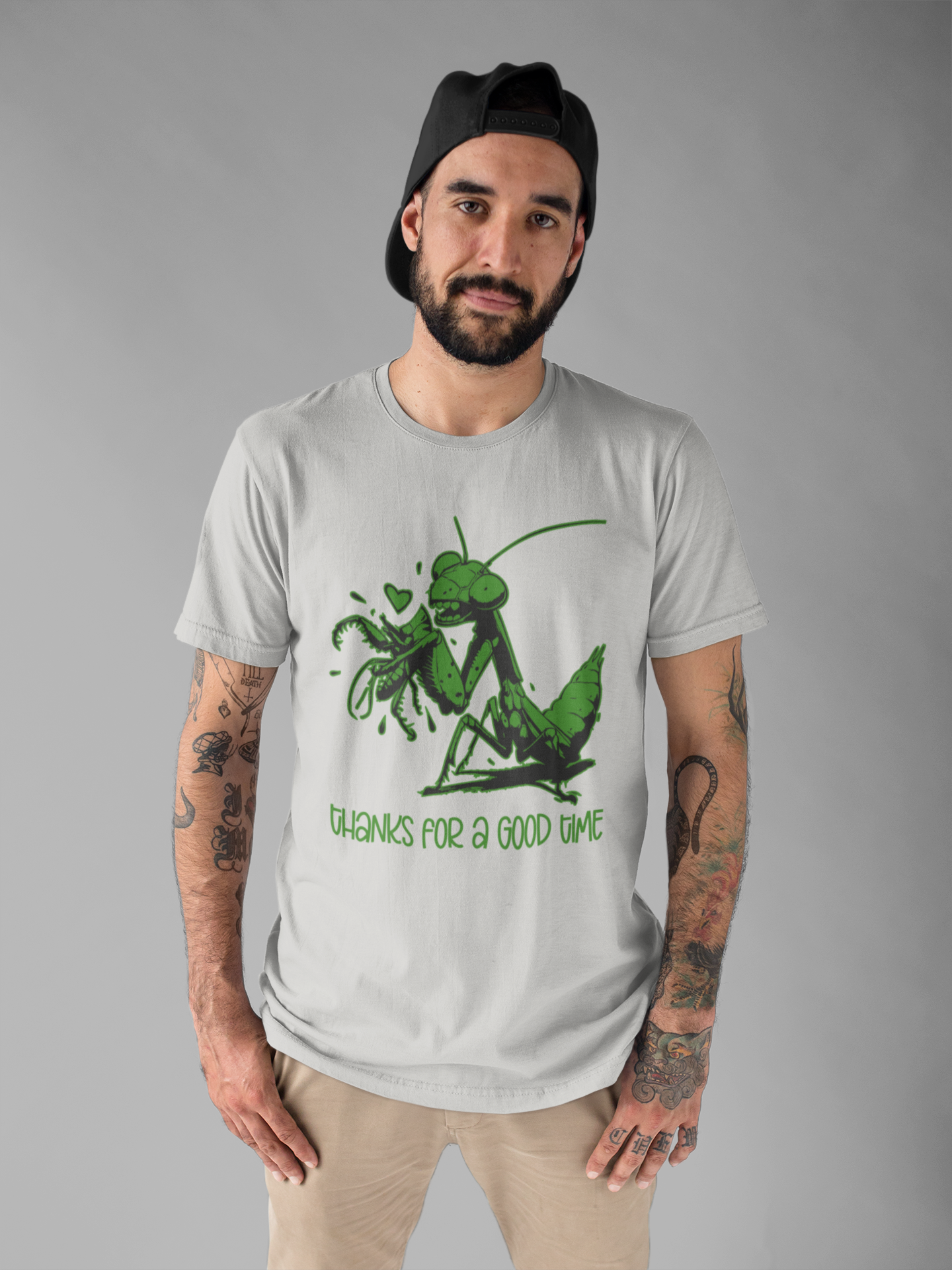 Thanks for a Good Time T-Shirt – Playful Grasshopper Eating Male Graphic Tee