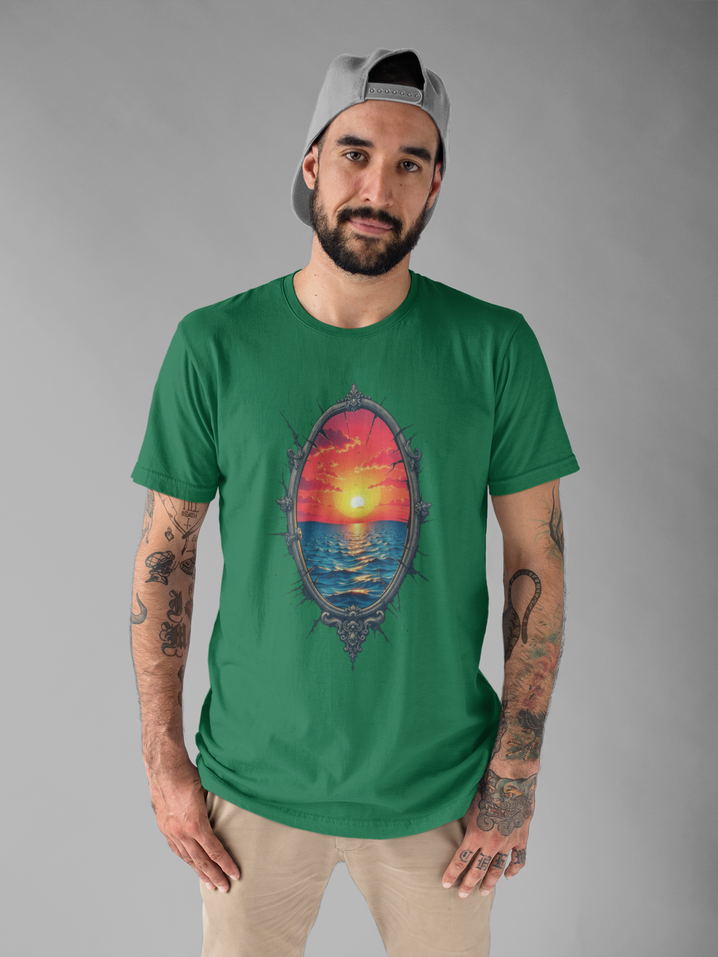 Sunset Portal T-Shirt – Ocean View Through Ornate Frame