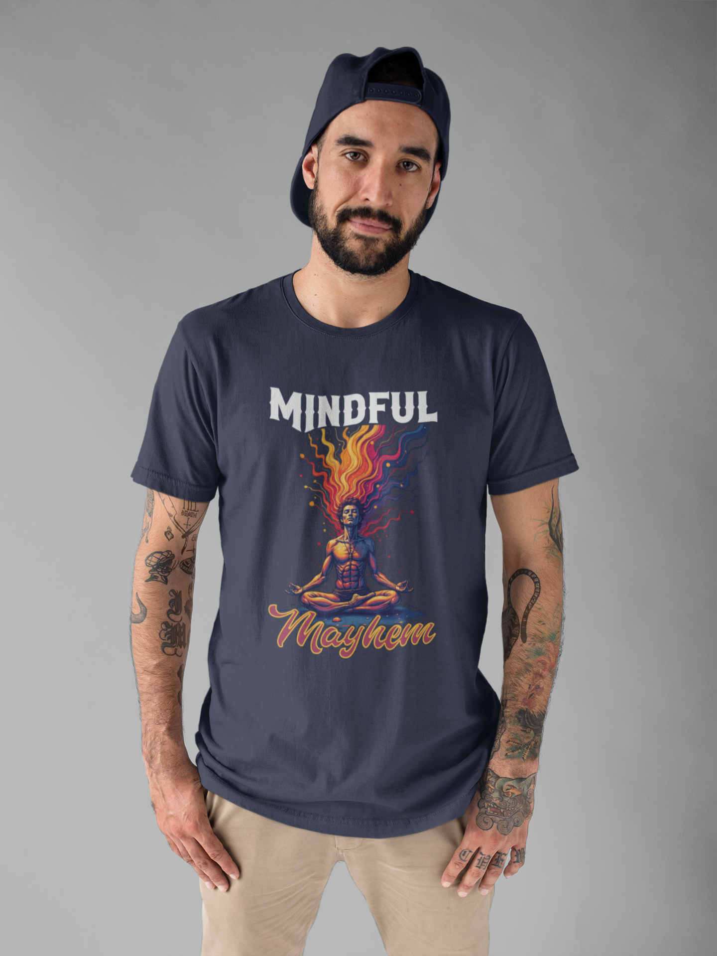 Mindful Mayhem – Meditating Man with Rising Flames Graphic T-Shirt