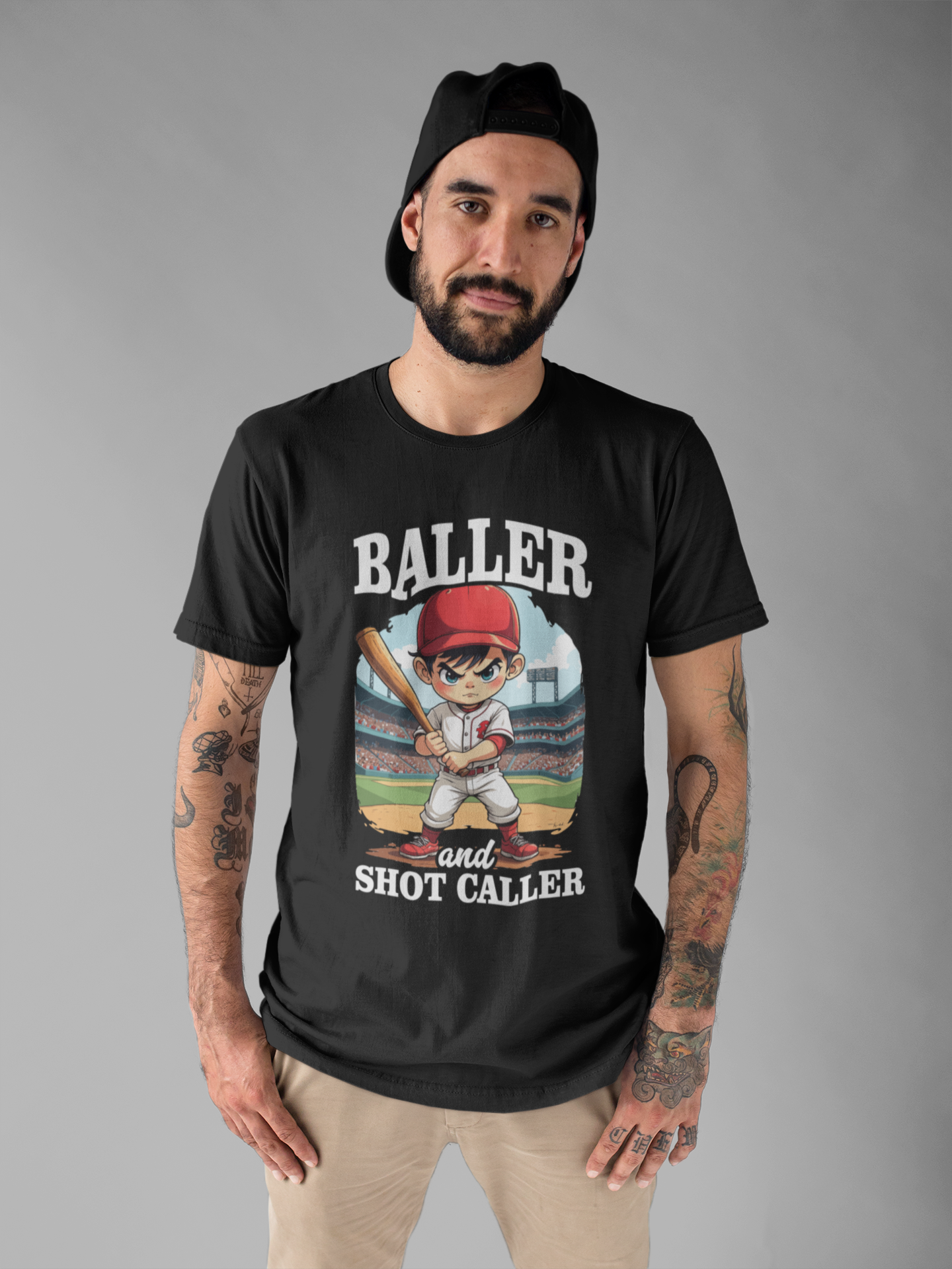Baller And Short Caller Tshirt young baseball player standing confidently on the pitch