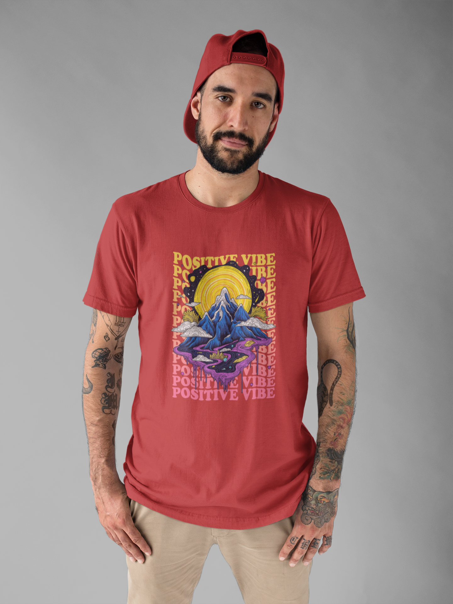 Positive Vibes – Cosmic Sun and Solar System Drip Graphic T-Shirt