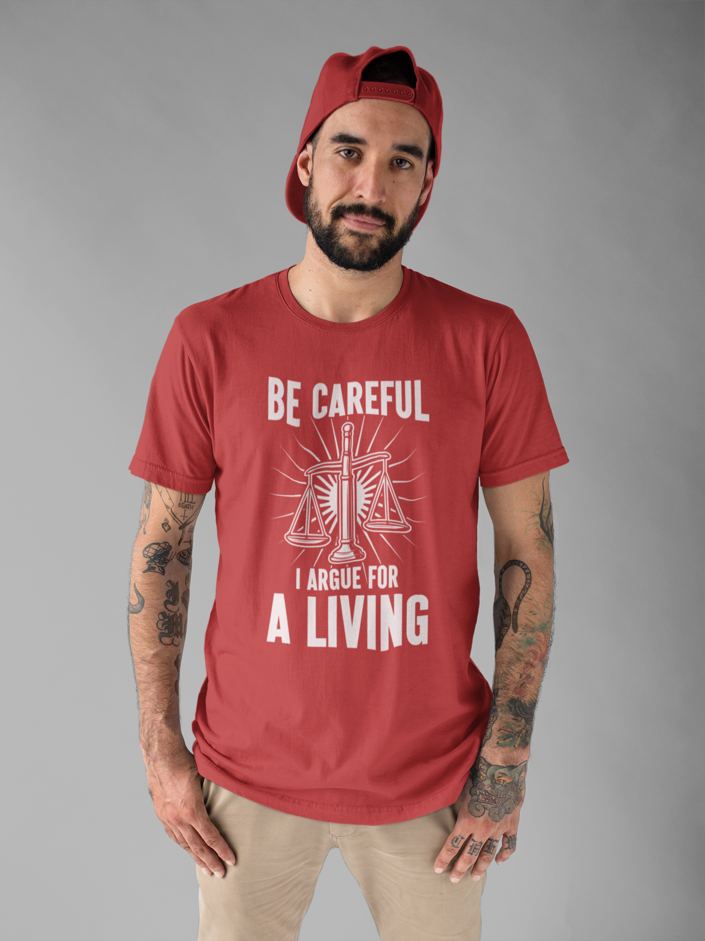 Be Careful I Argue For a Living T-Shirt – Lawyer Balance Scale and Flashlight Graphic Tee