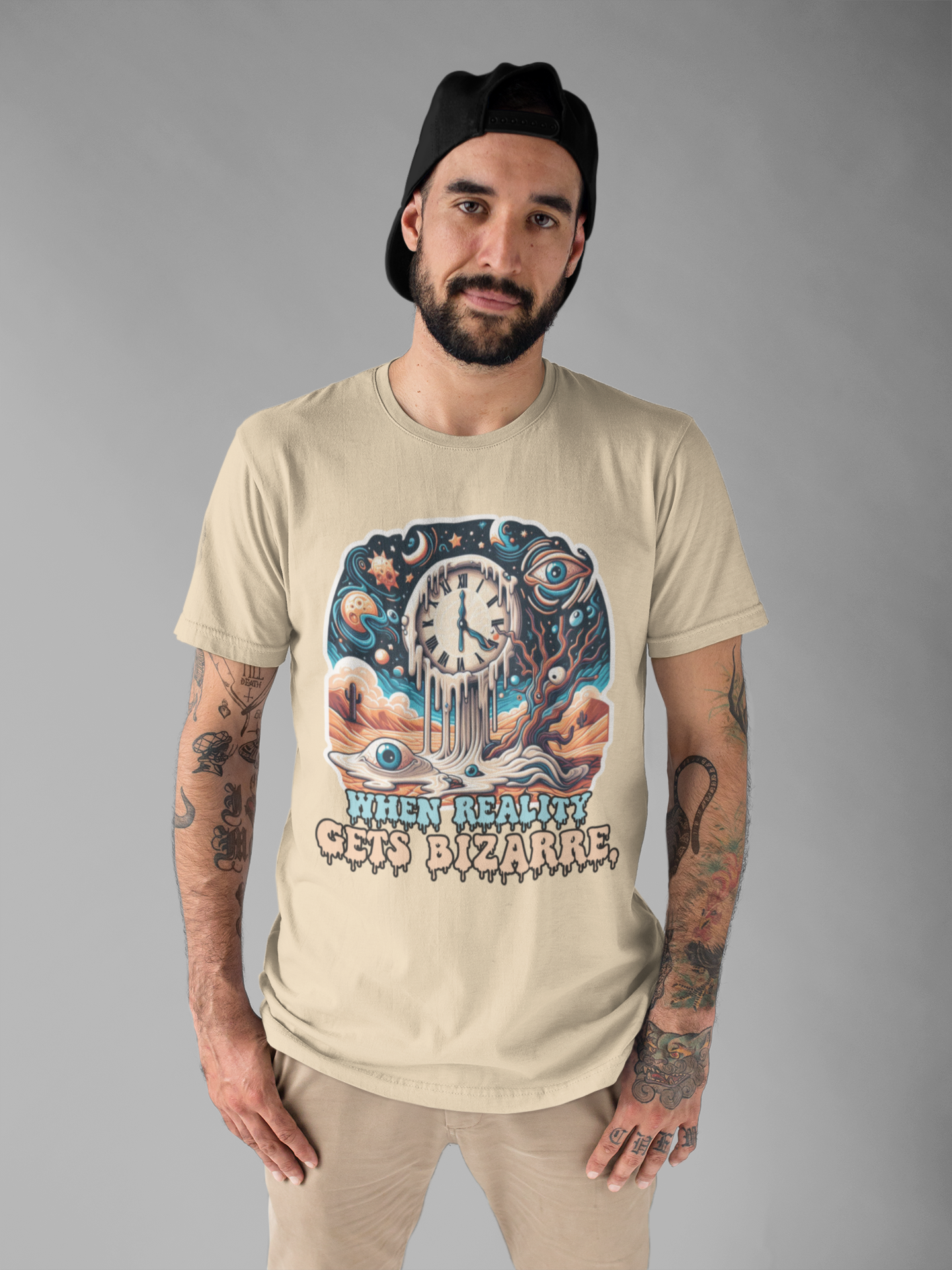 When Reality Becomes Bizarre Tshirt – Surreal Melting Sky, Clocks, and Desert Landscape