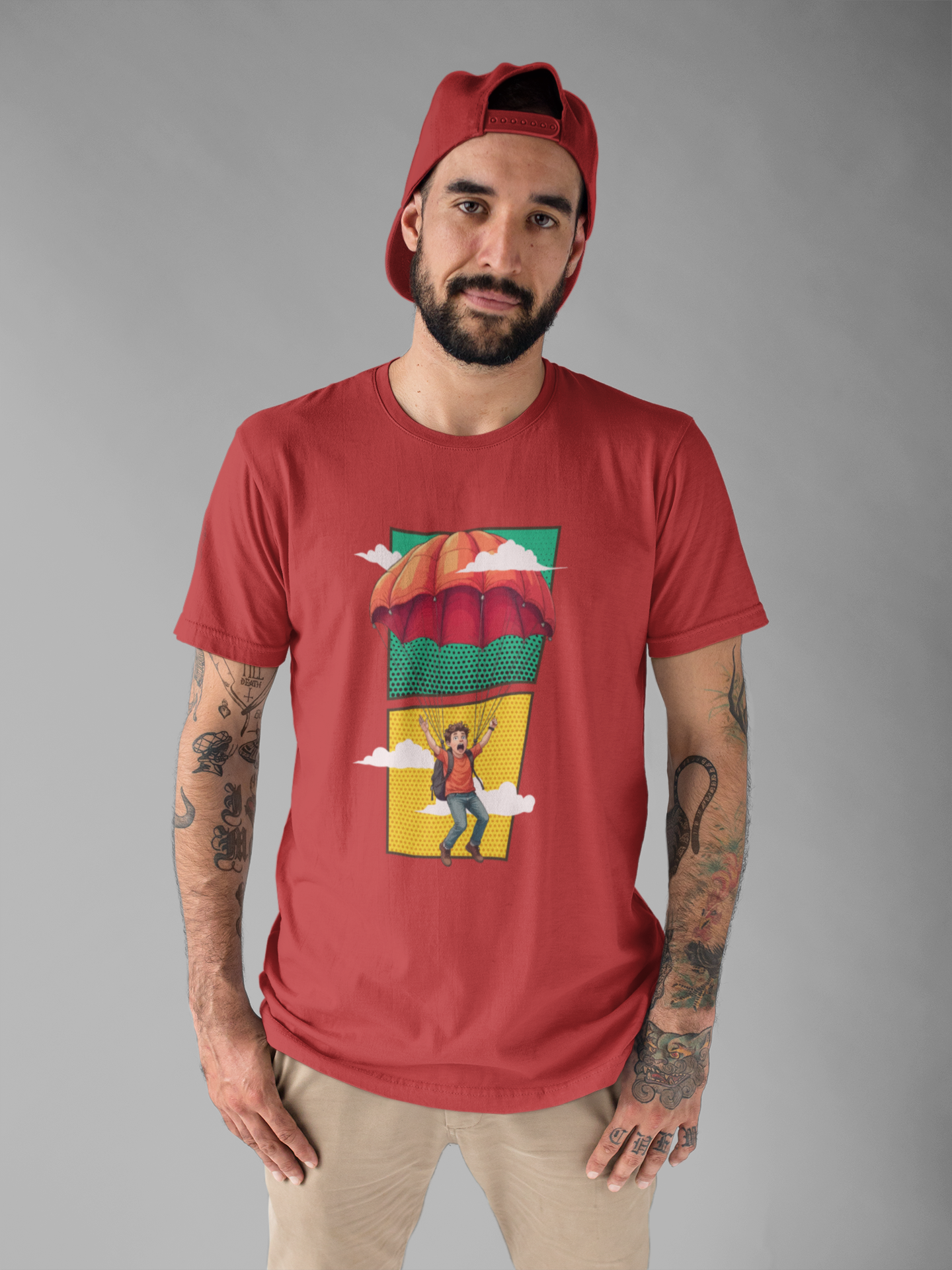 Do it Scared Boy Parachuting Mid-Air with Clouds Background Graphic T-Shirt