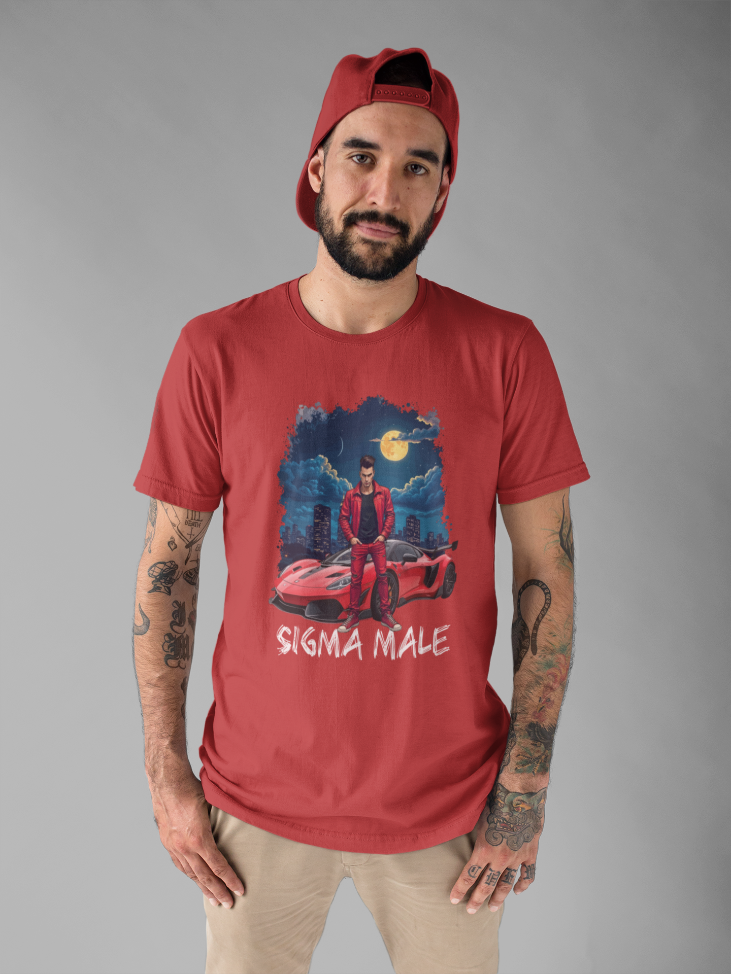 SIGMA MALE – Man in Red Jacket with Racing Car and Full Moon Graphic T-Shirt