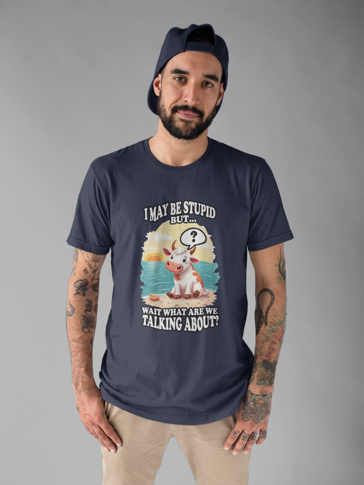 I May Be Stupid But… Wait, What Are We Talking About? – Confused Cow Beach Tshirt
