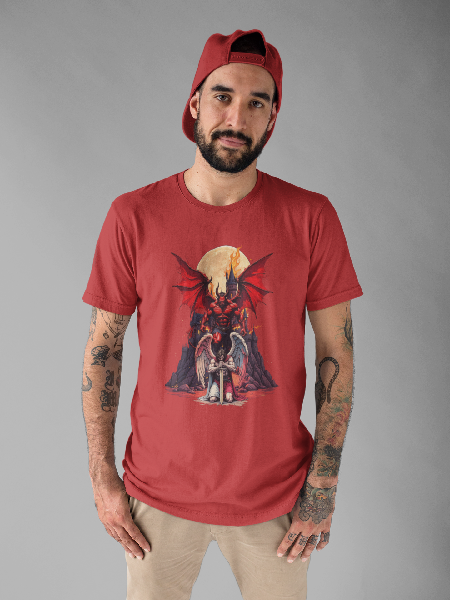 Beast Dominion – Floating Vampire Over Fallen Winged Fighter Graphic T-Shirt