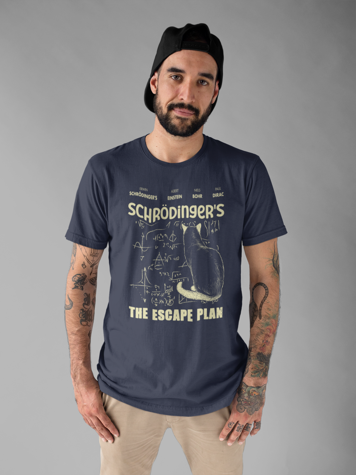 Physics Cat T-Shirt – Schrödinger’s Escape Plan Math Graphic