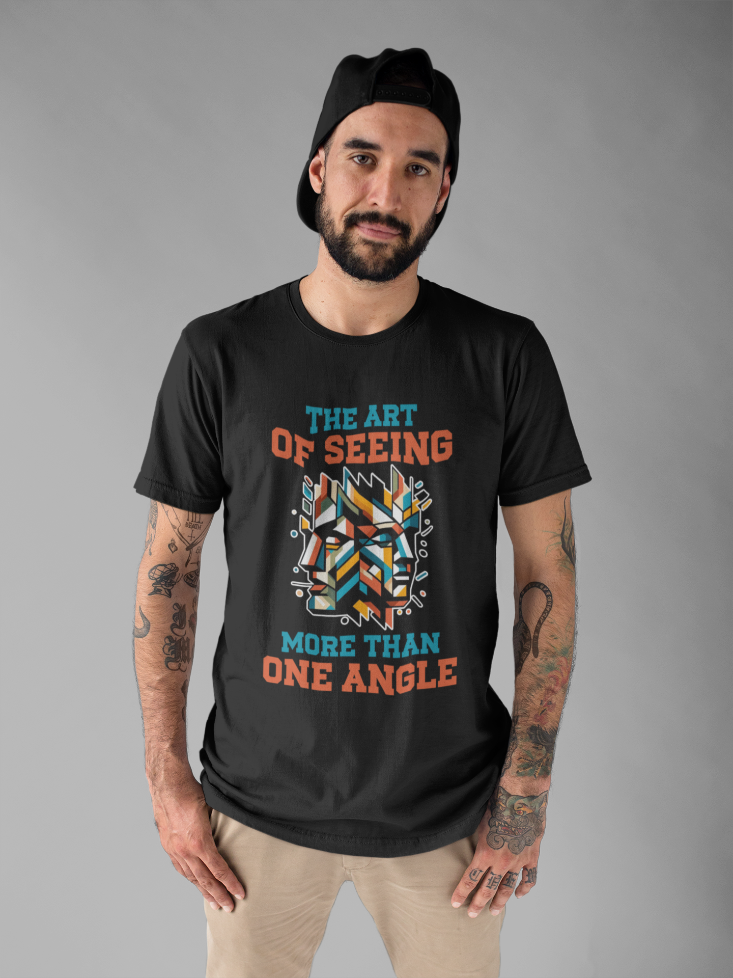 The Art of Seeing More Than One Angle Tshirt – Geometric Faces in Colorful Shapes