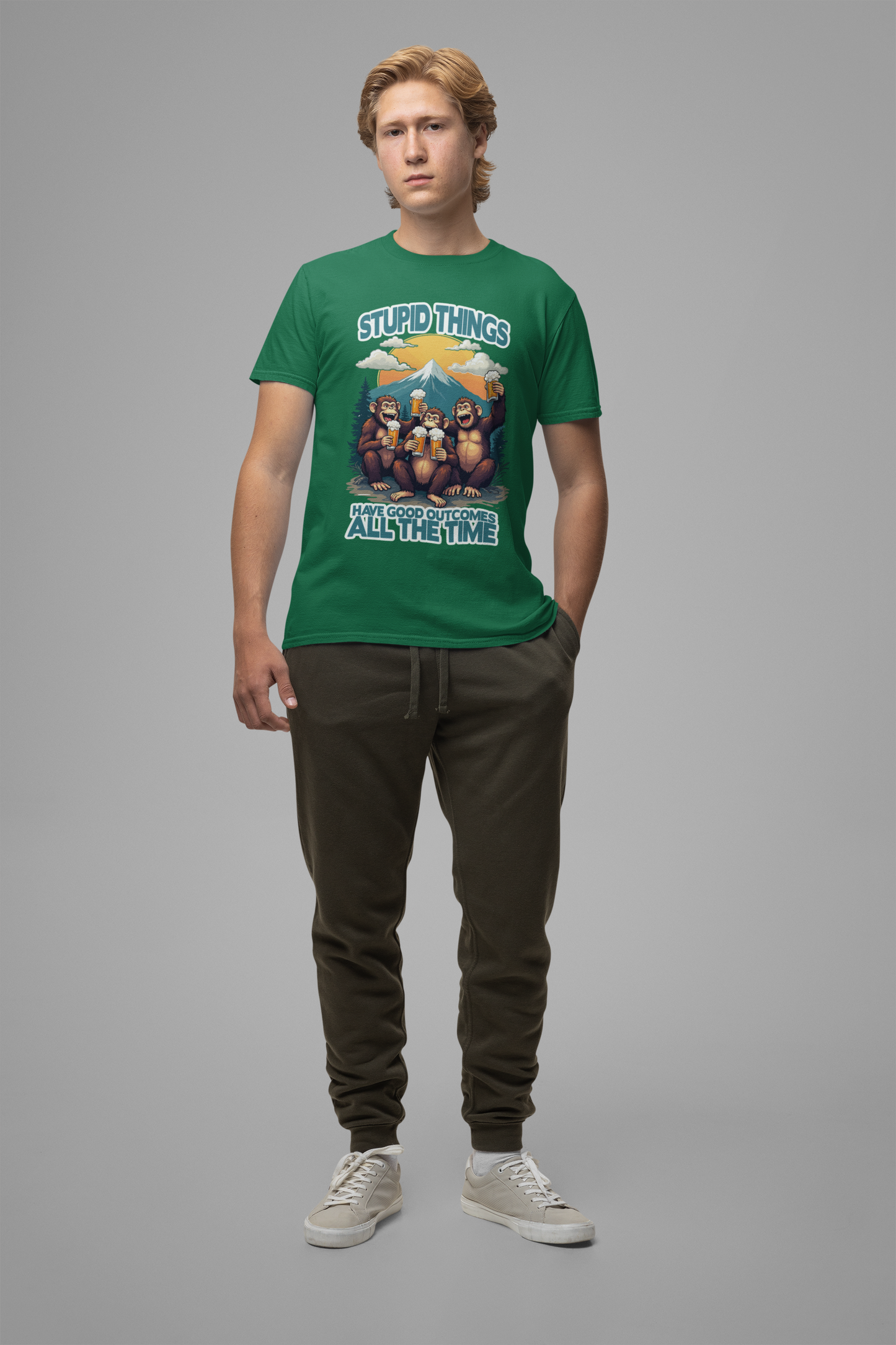 Stupid Things Have Good Outcomes Tshirt – Three Monkeys Cheers with Beer Mugs & Mountain Scene