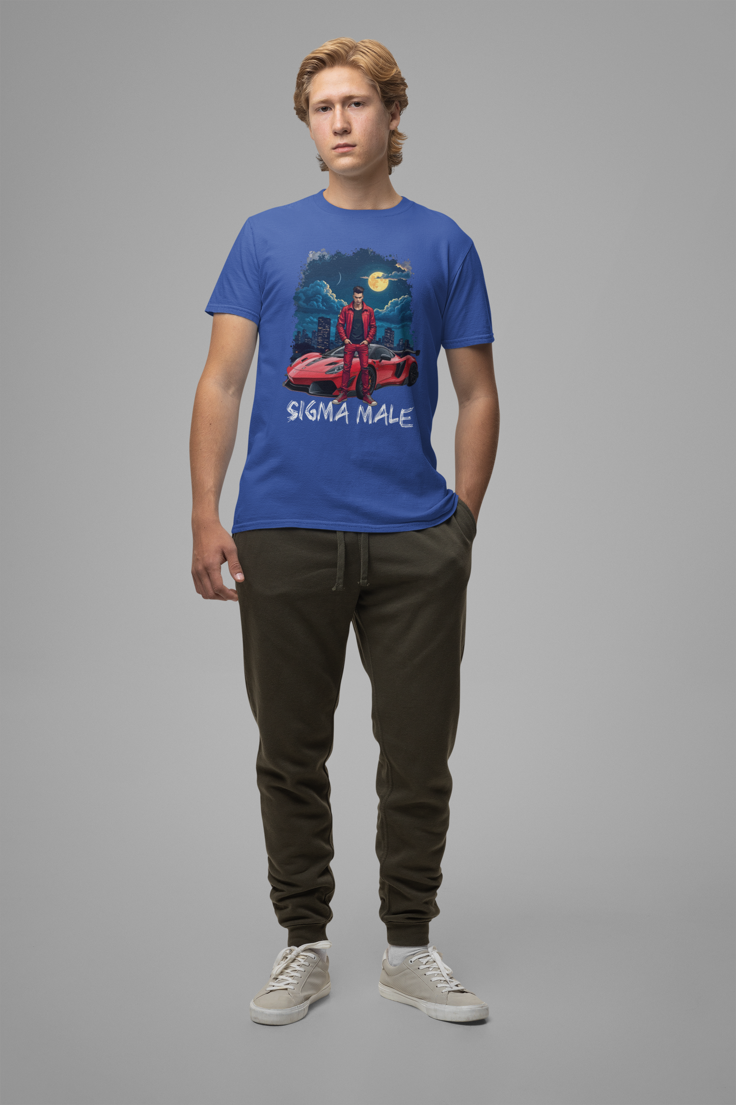 SIGMA MALE – Man in Red Jacket with Racing Car and Full Moon Graphic T-Shirt