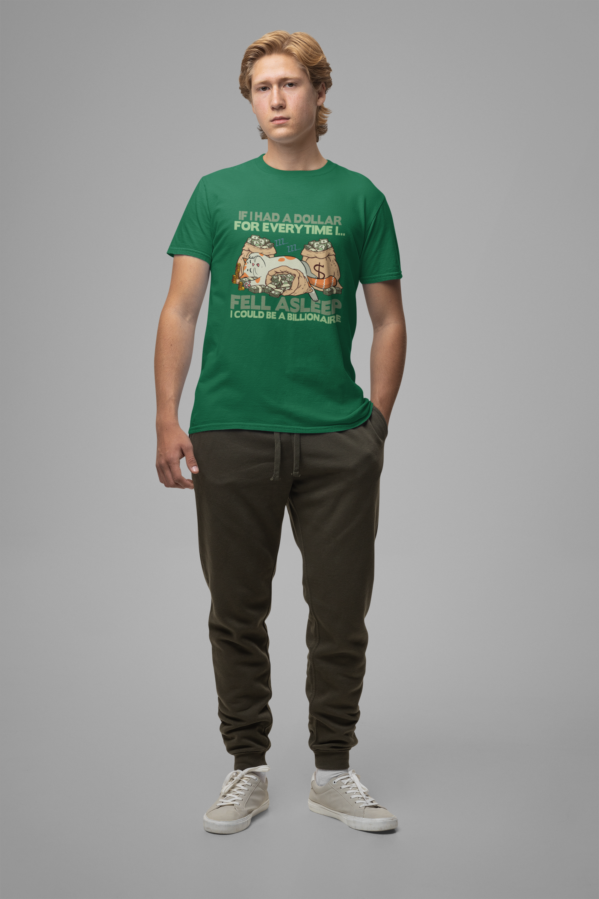 Dollar For Every Time I Fell Asleep I Could Be A Billionaire T-Shirt – Cat Sleeping On Bags Of Cash Graphic Tee