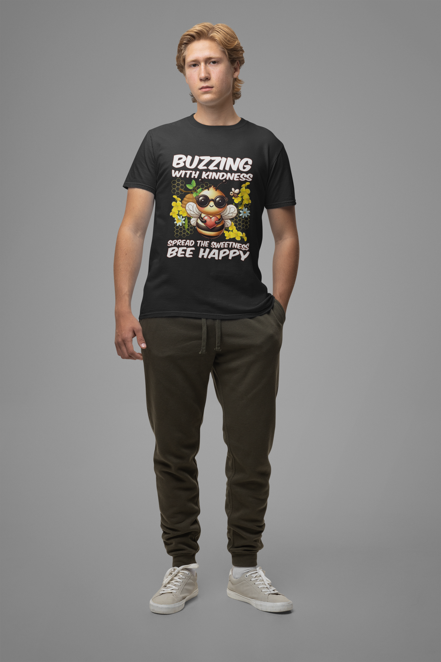 Buzzing with Kindness, Spread the Sweetness, Be Happy | Large Bee & Flowers Graphic T-Shirt