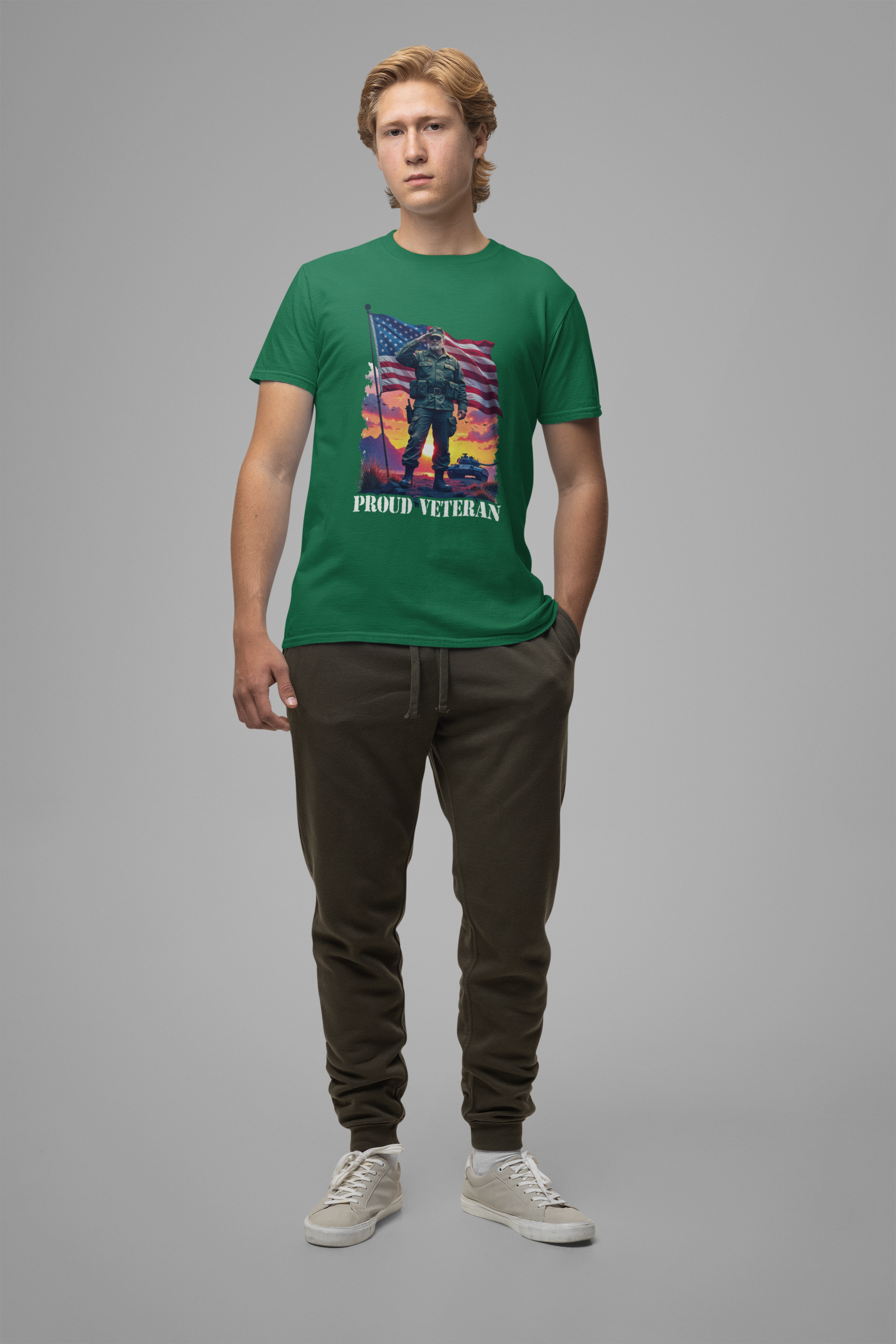 Proud Veteran | US Flag, Saluting Soldier & Tank T-Shirt