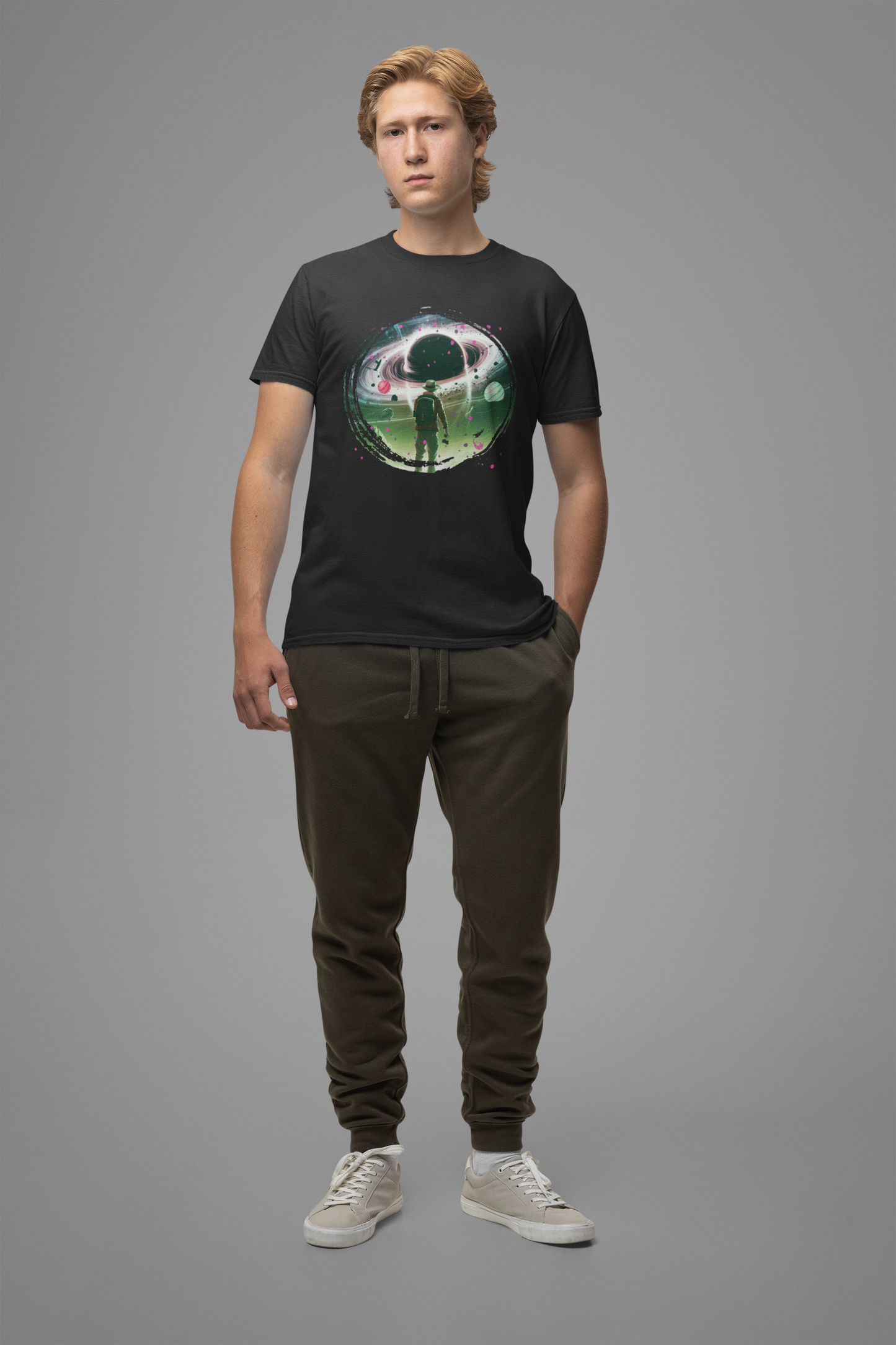 Shocked Traveler & Dramatic Planets | Backpacker Gazing at Planets Graphic T-Shirt