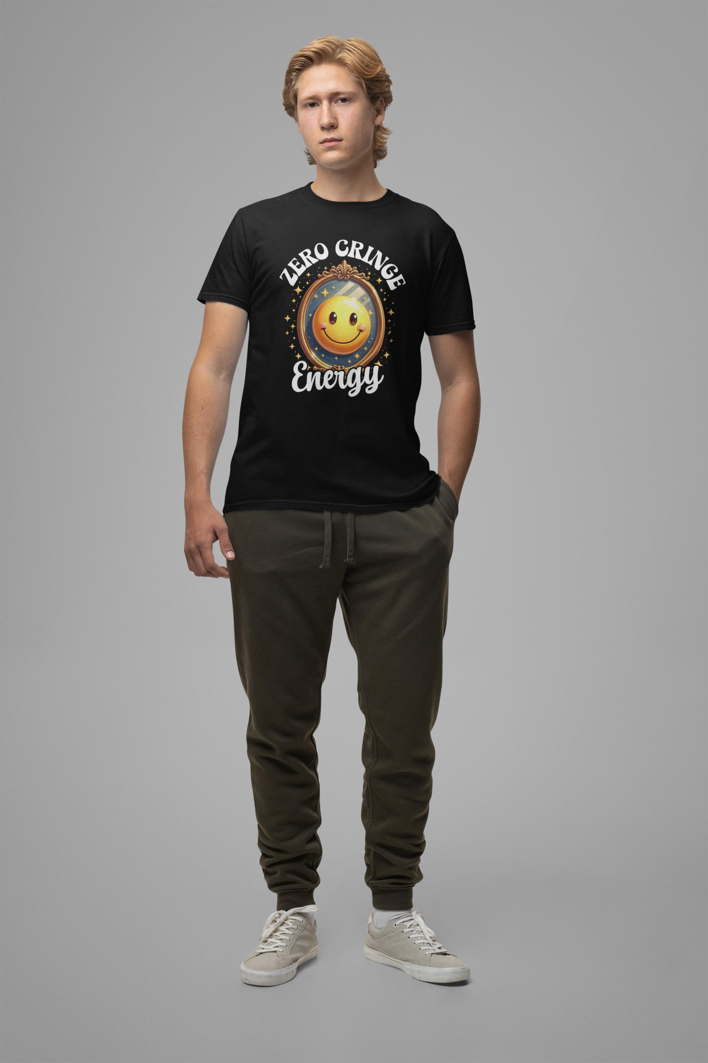 Zero Cringe Energy – Large Mirror with Happy Smiley Graphic T-Shirt