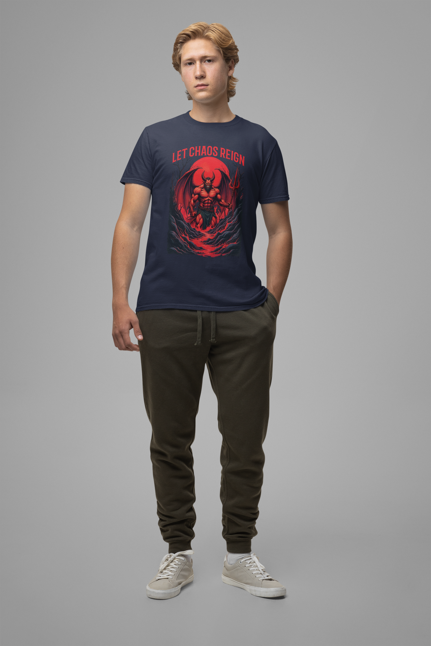 Let Chaos Reign – Fierce Beast with Wings on Fiery under Red Moon Graphic T-Shirt