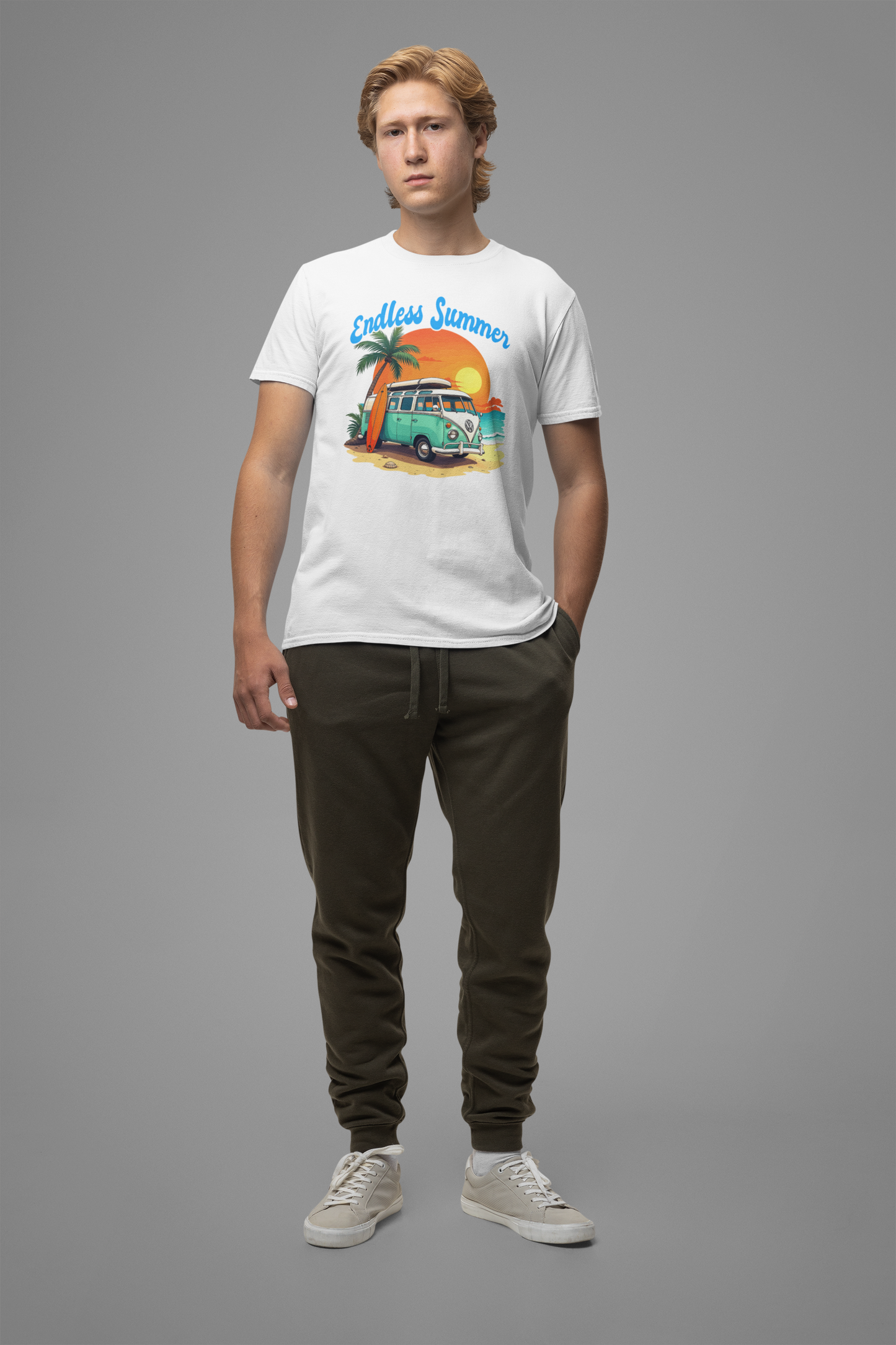 Endless Summer Beach Van with Surfboard and Palm Tree Sunset Graphic T-Shirt