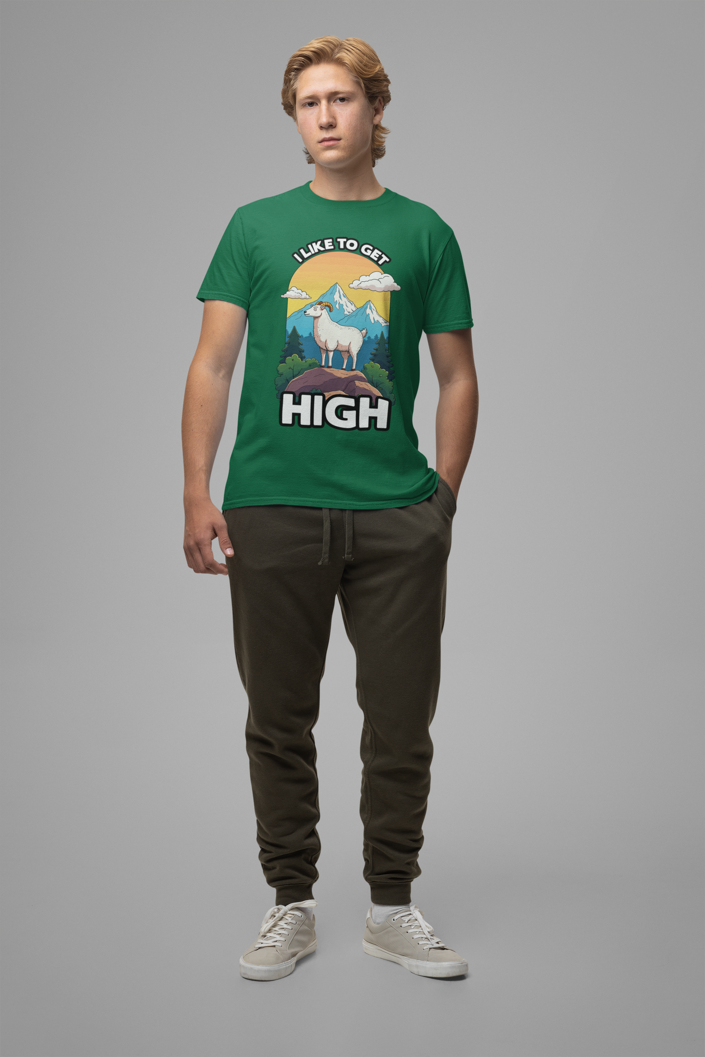 I Like to Get High Tshirt – Mountain Goat Standing on High Rock with Mountain Scenery