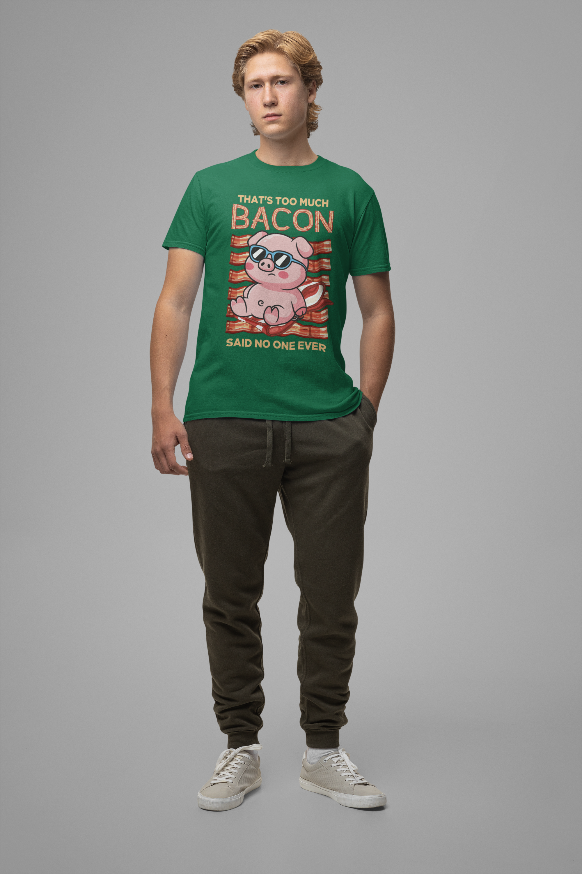 That’s Too Much Bacon Said No One Ever T-Shirt – Cool Pig Lounging with Sunglasses Graphic Tee