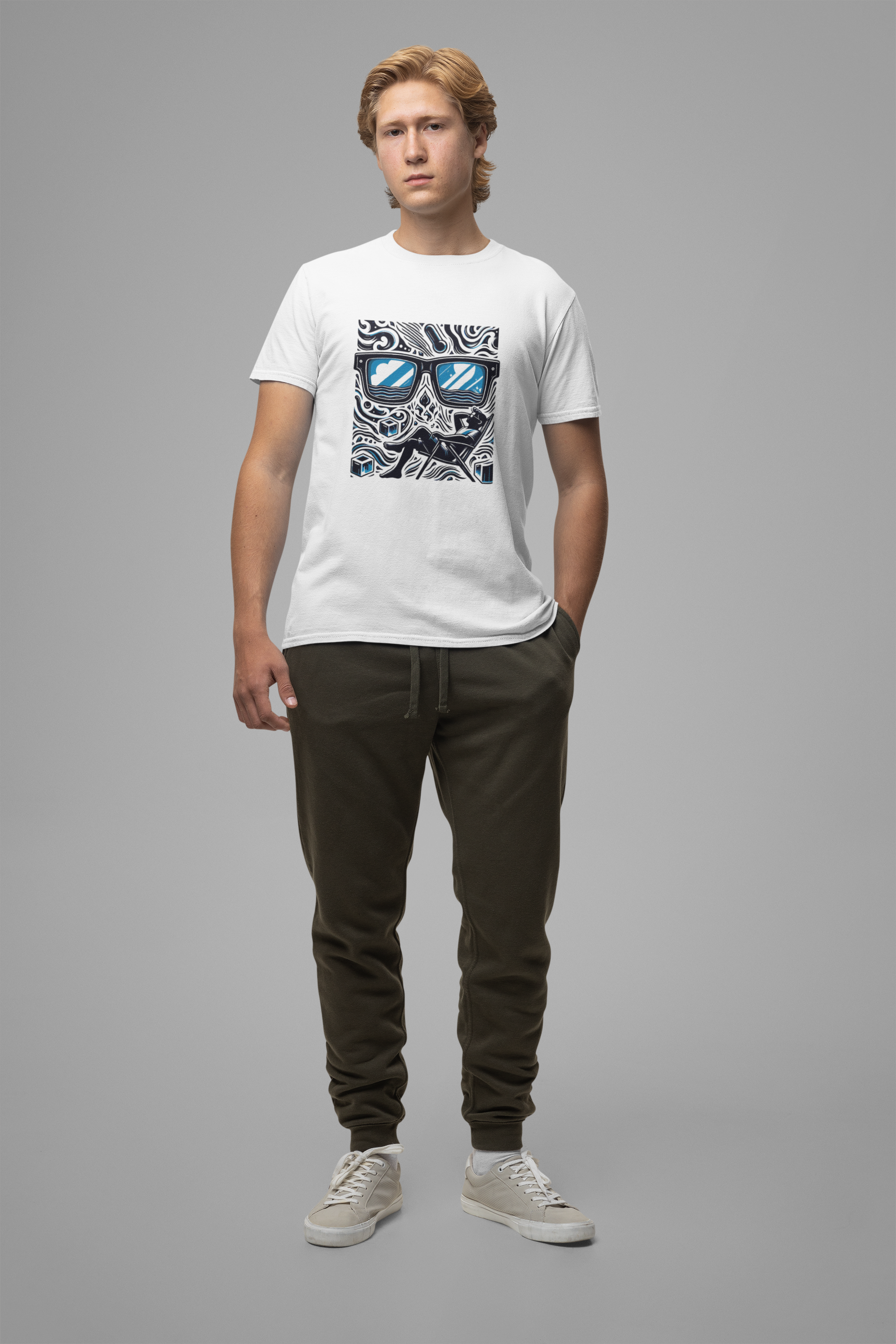 Abstract Relaxation | Man in Chair with Sunglasses Graphic T-Shirt