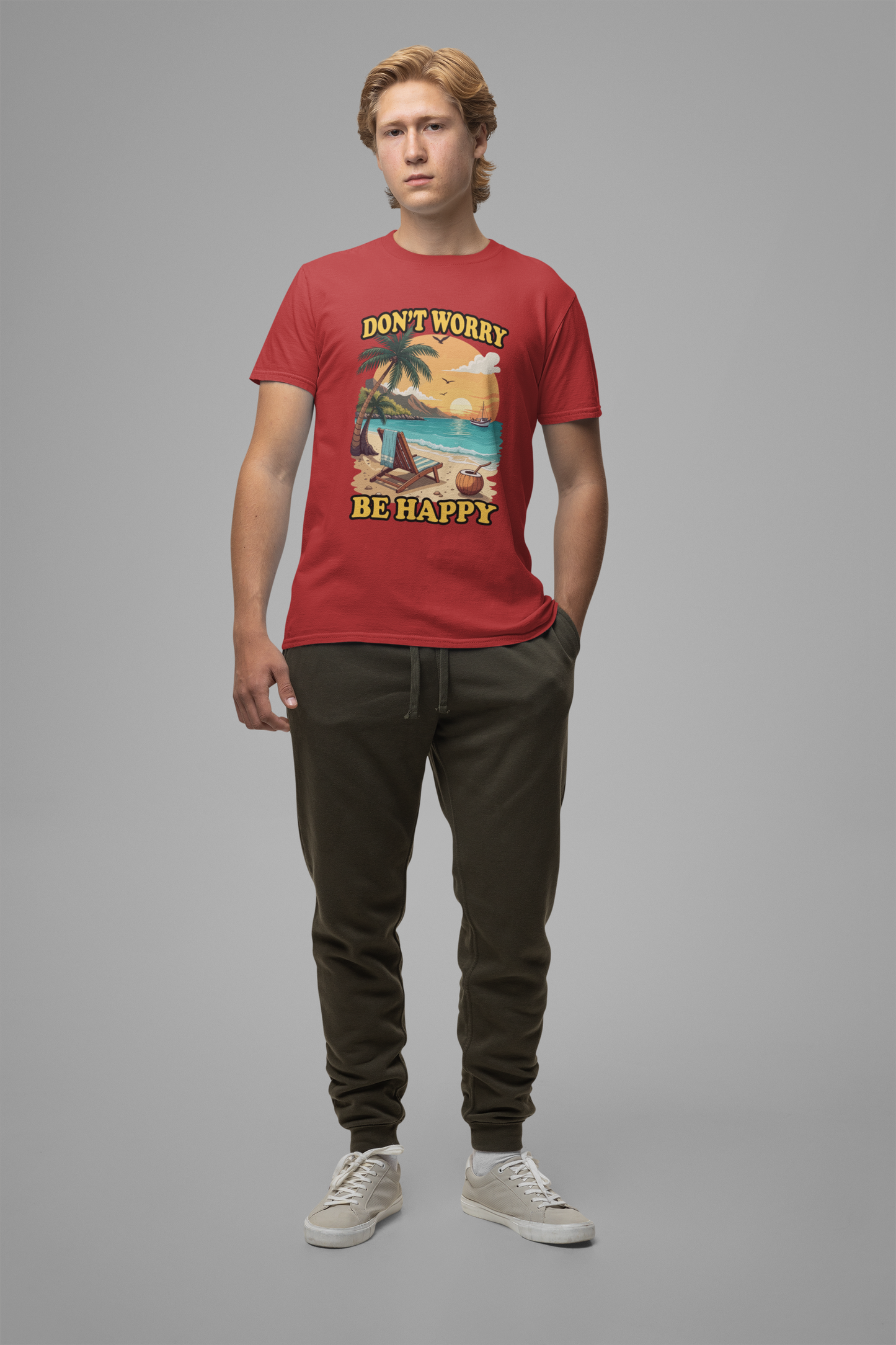 Don’t Worry Be Happy T-Shirt – Retro Beach Sunset Graphic Tee