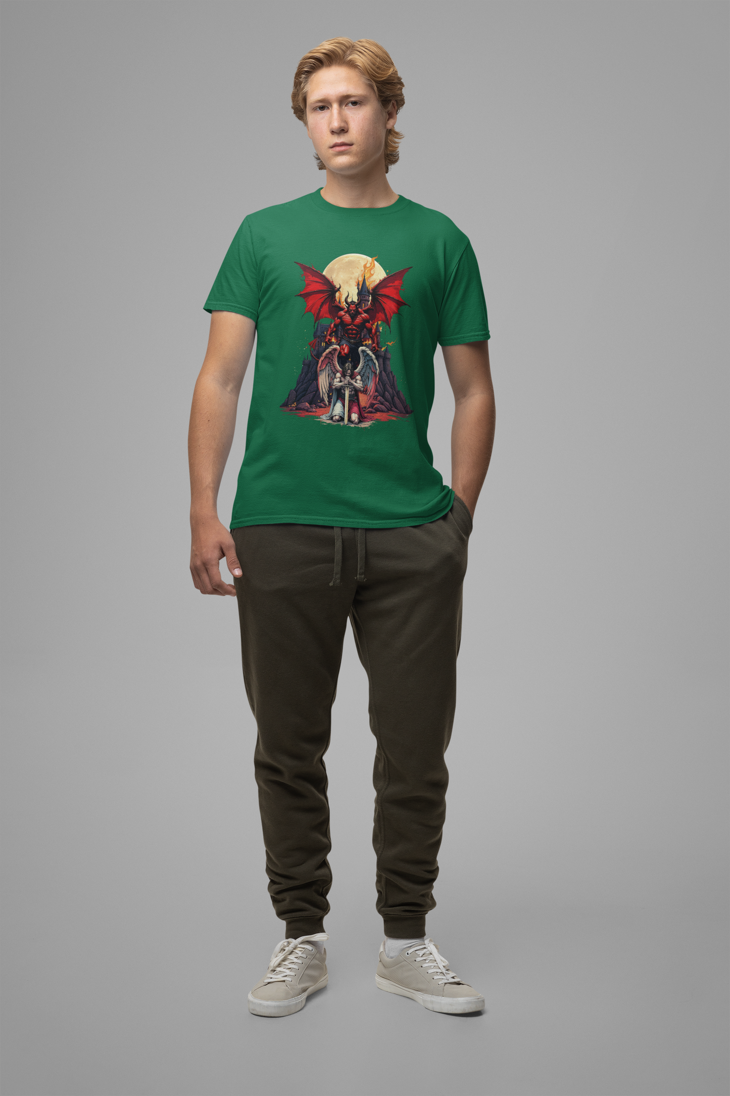 Beast Dominion – Floating Vampire Over Fallen Winged Fighter Graphic T-Shirt