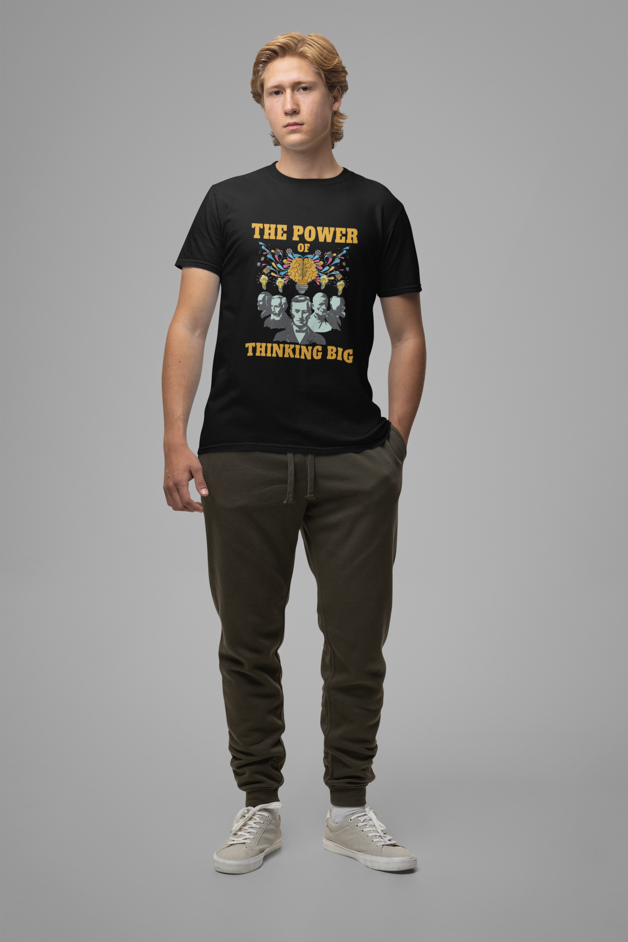 The Power of Thinking Big Tshirt – Brain with Great Scientists and Glowing Bulb Graphic
