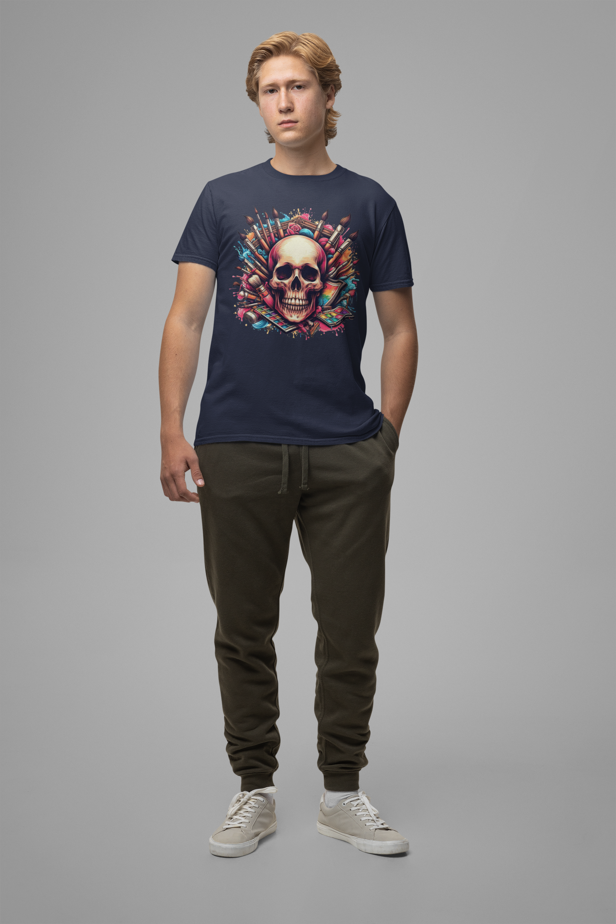 Art Is Not Dead Tshirt – Skull with Stacked Art Supplies Circular Graphic