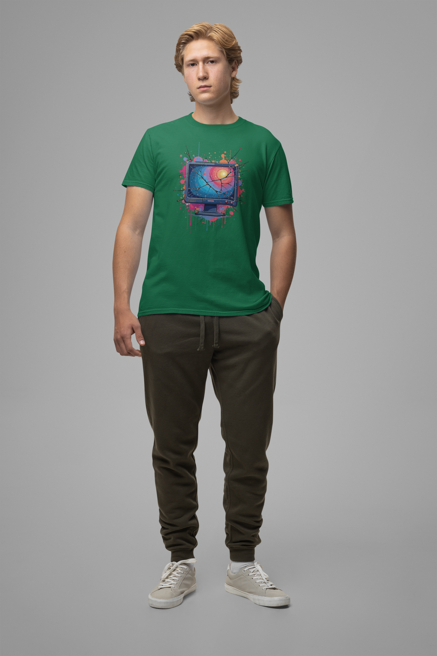 Break the System – Broken Monitor with Cracks, Gradient Screen & Color Splash Graphic T-Shirt