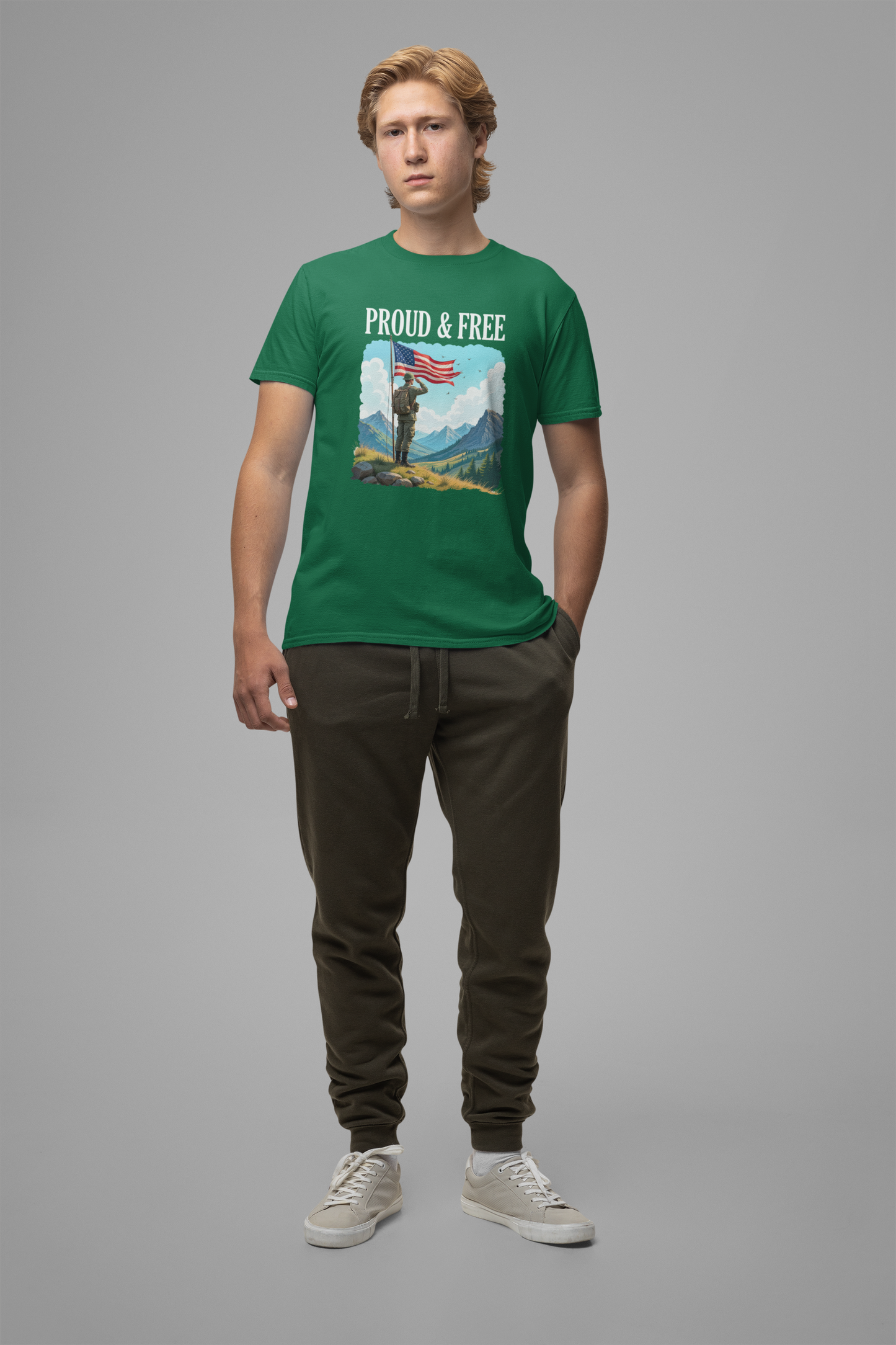 Proud and Free | Patriotic US Flag & Soldier Salute T-Shirt