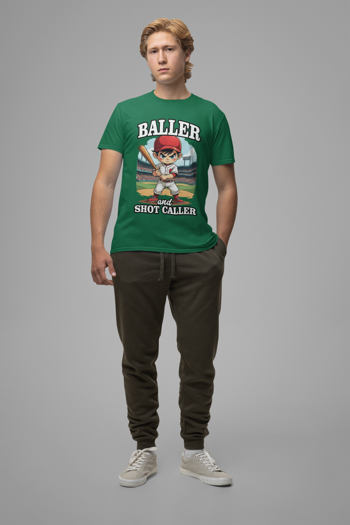 Baller And Short Caller Tshirt young baseball player standing confidently on the pitch